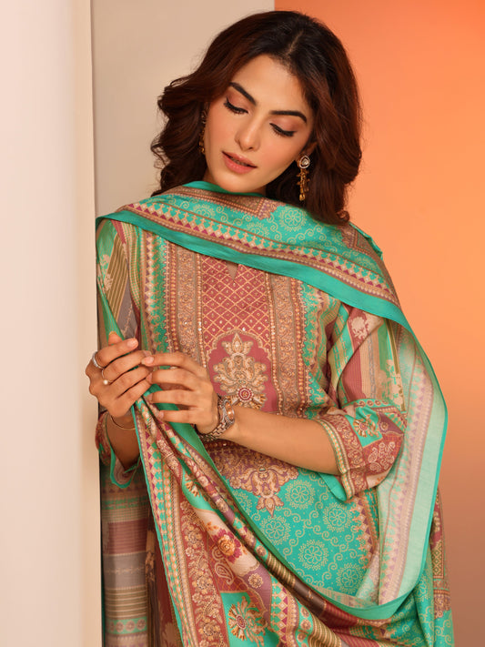 Multi Printed Silk Blend Straight Suit Set With Dupatta