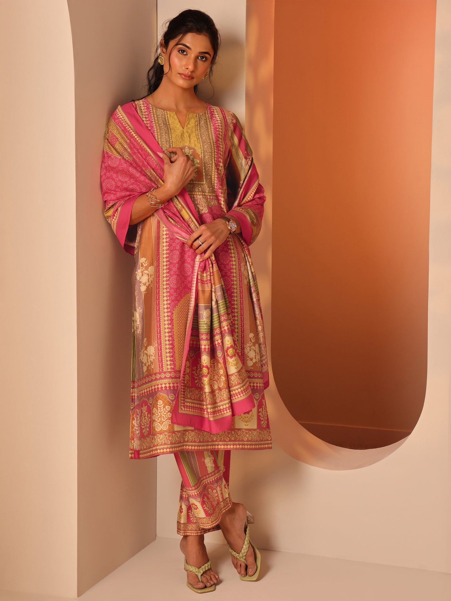 Multi Printed Silk Blend Straight Suit Set With Dupatta