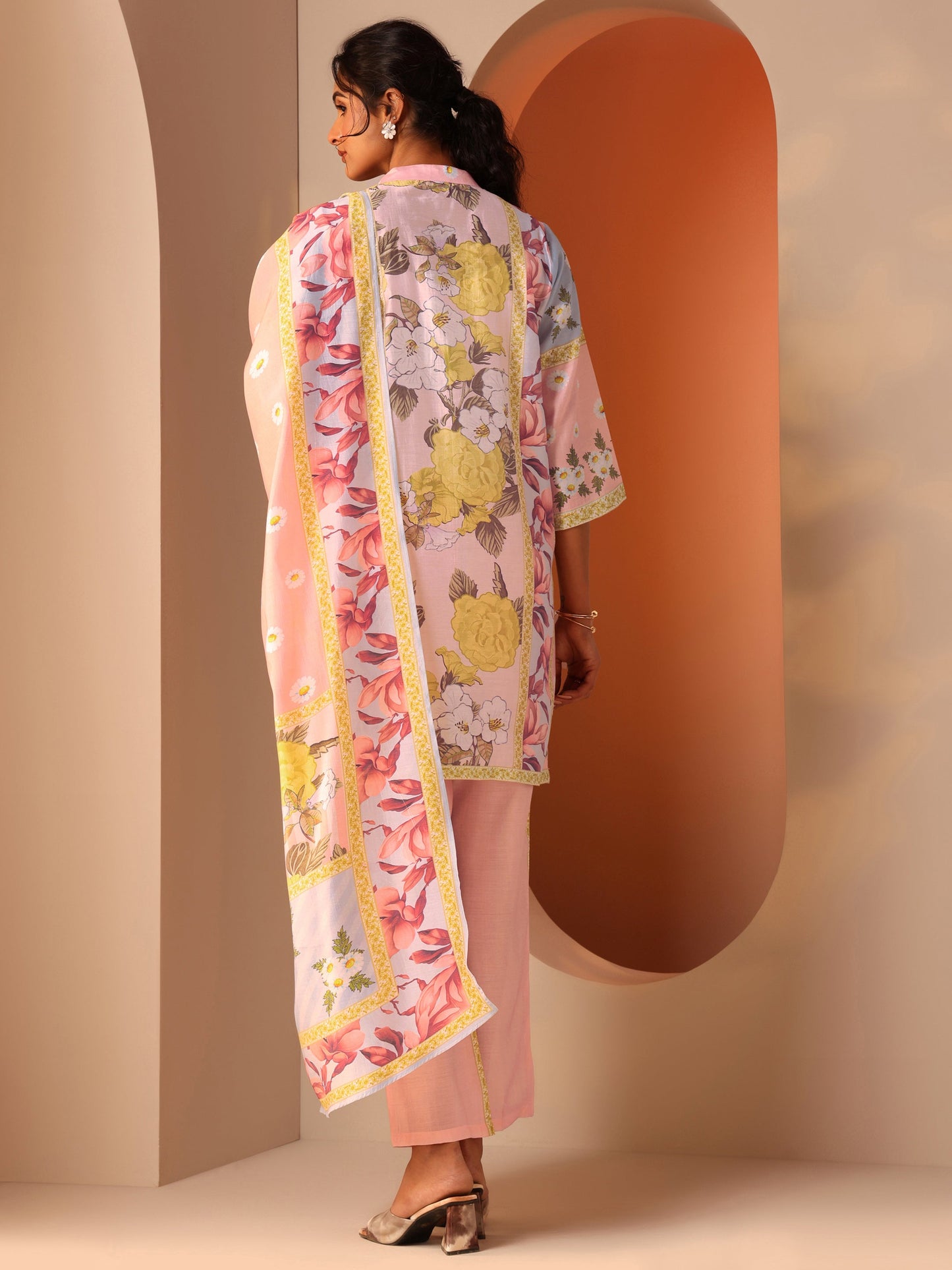 Peach Printed Silk Blend Straight Suit Set With Dupatta