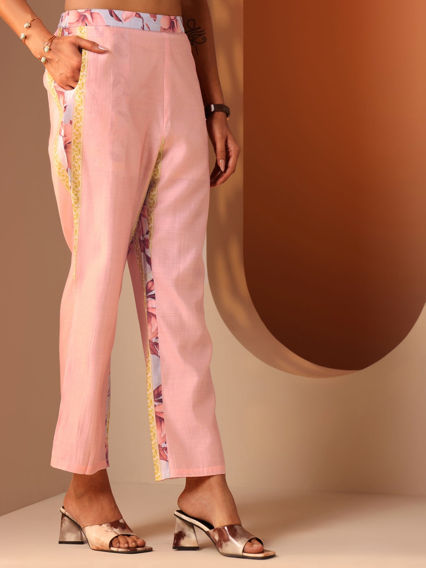 Peach Printed Silk Blend Straight Suit Set With Dupatta