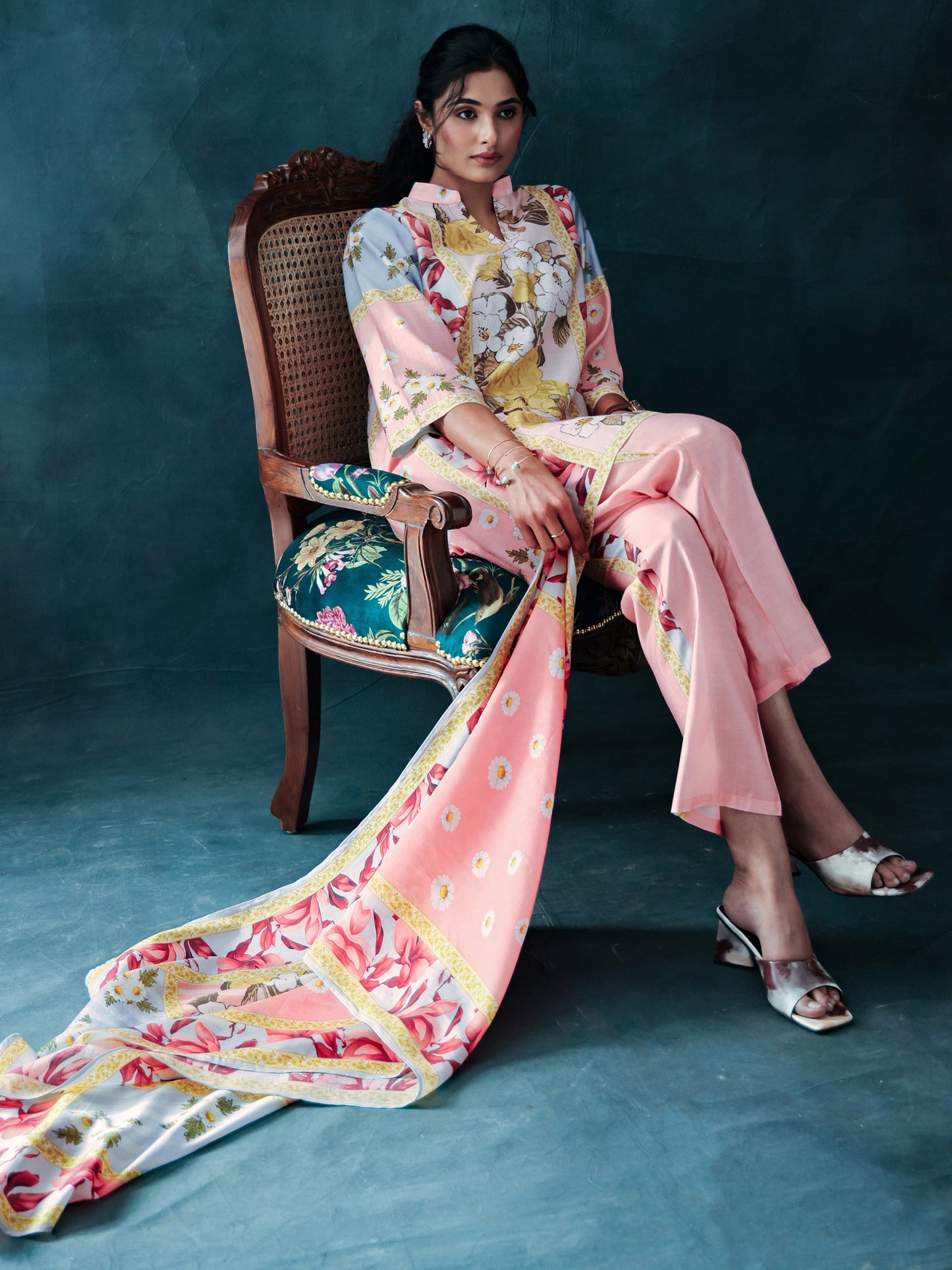 Peach Printed Silk Blend Straight Suit Set With Dupatta