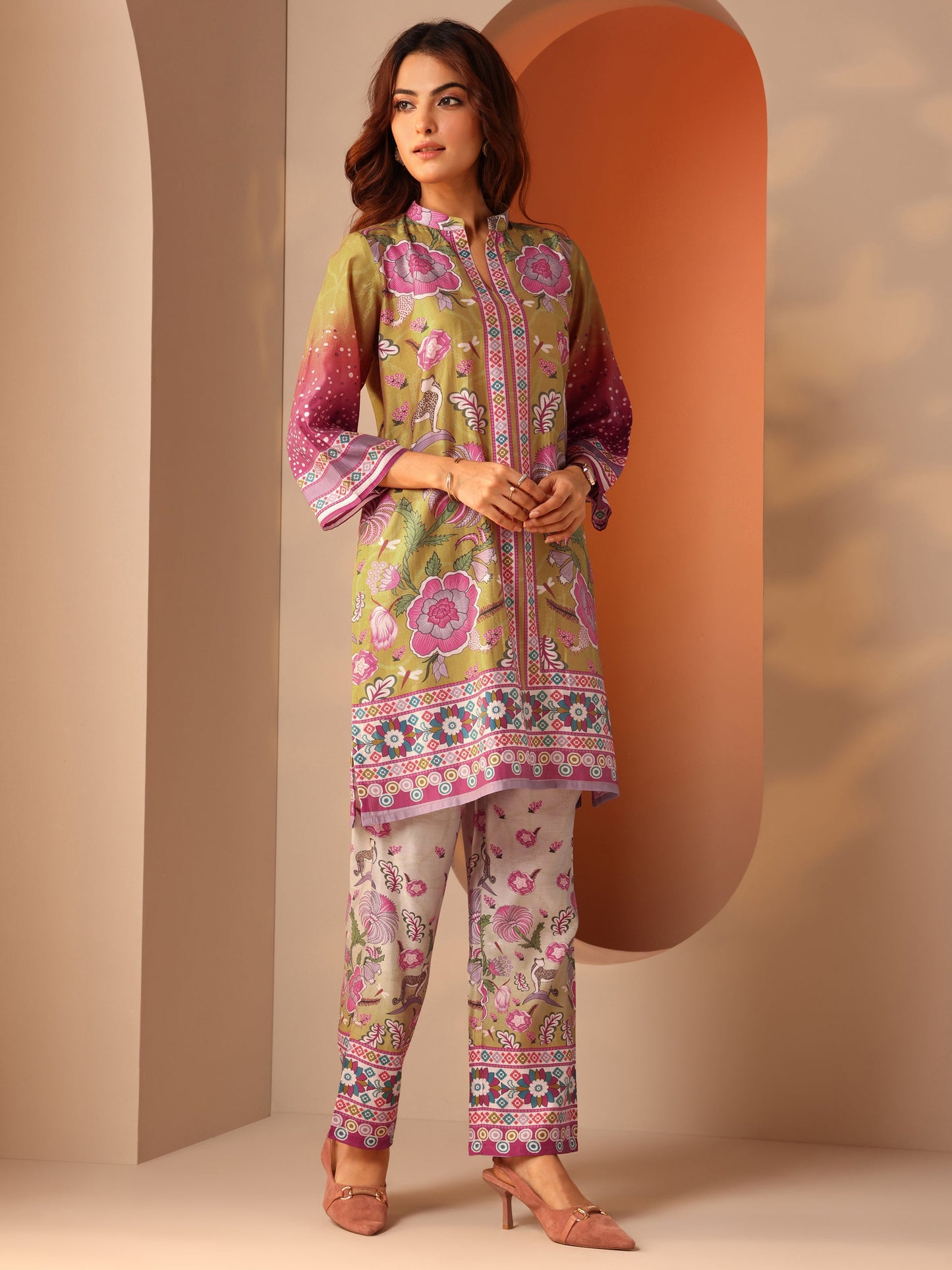 Multi Printed Silk Blend A-Line Suit Set With Dupatta