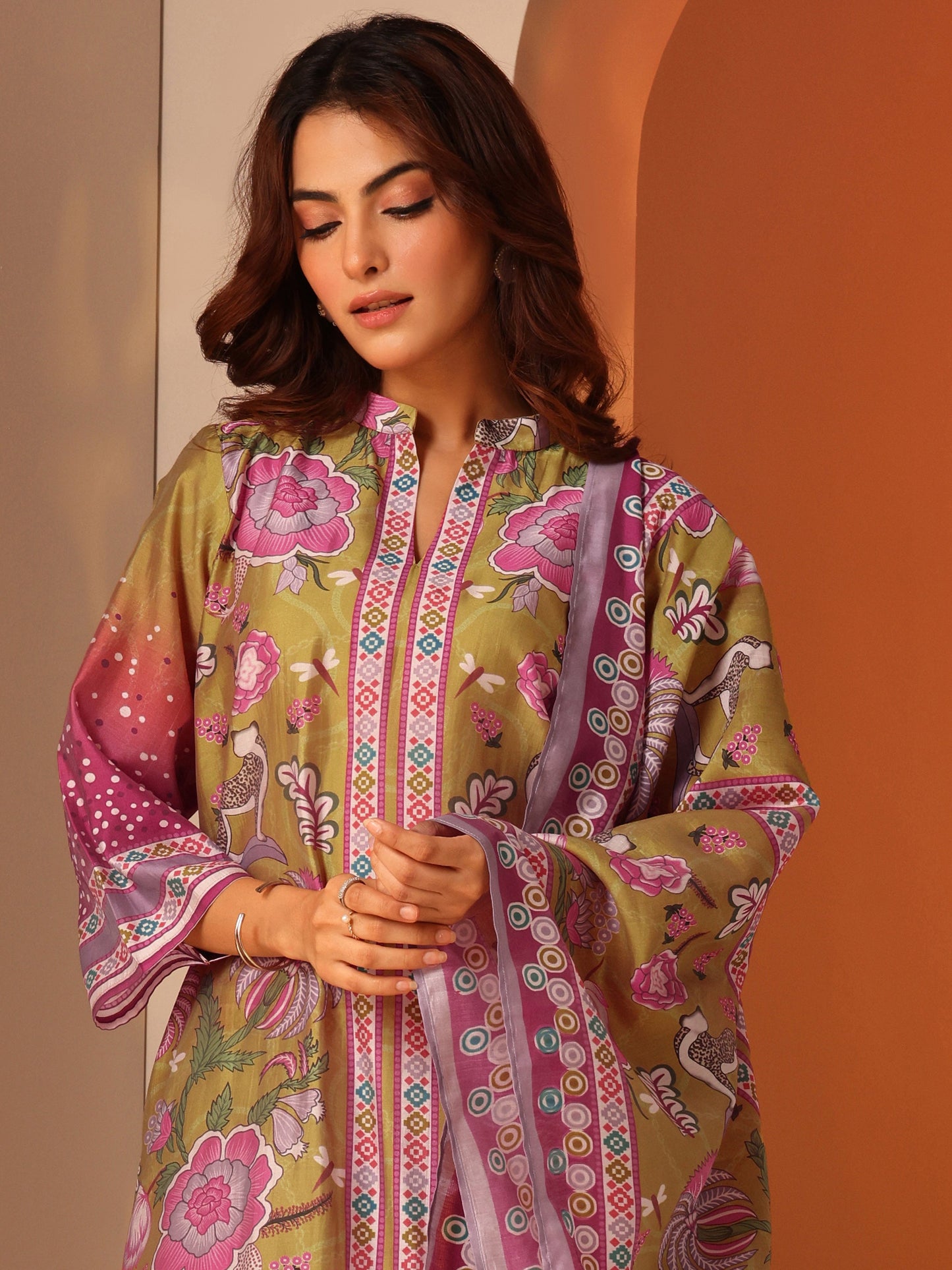 Multi Printed Silk Blend A-Line Suit Set With Dupatta