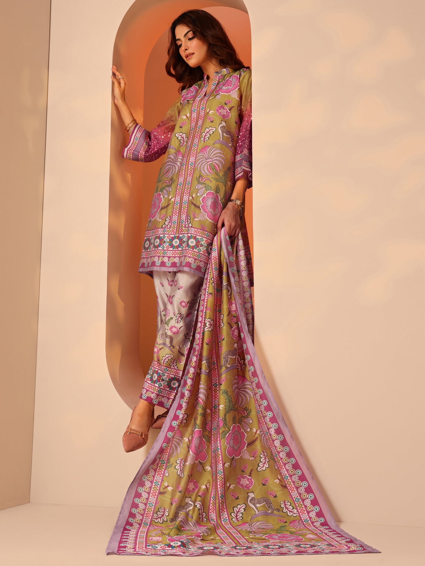 Multi Printed Silk Blend A-Line Suit Set With Dupatta