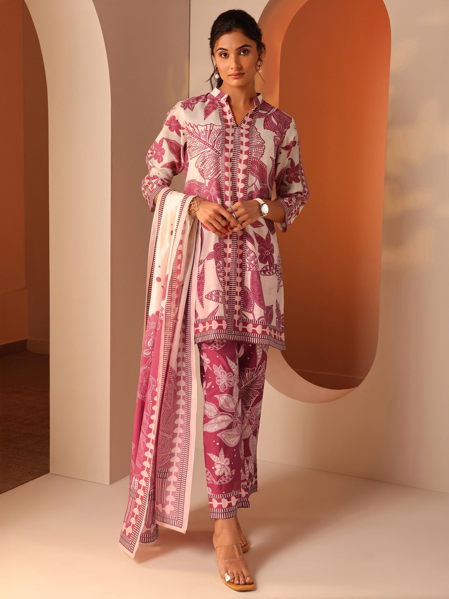 Off White Printed Silk Blend A-Line Suit Set With Dupatta