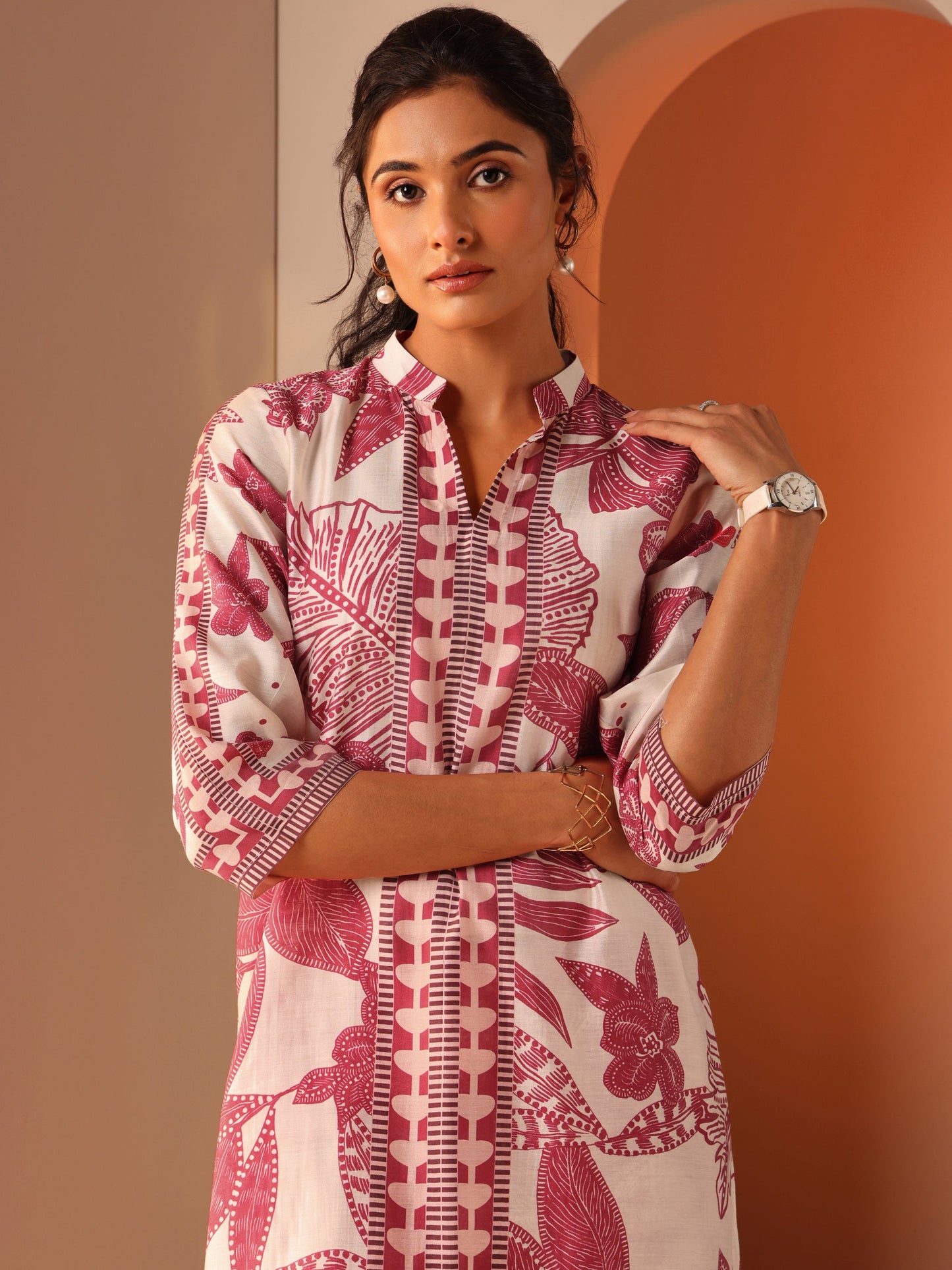 Off White Printed Silk Blend A-Line Suit Set With Dupatta