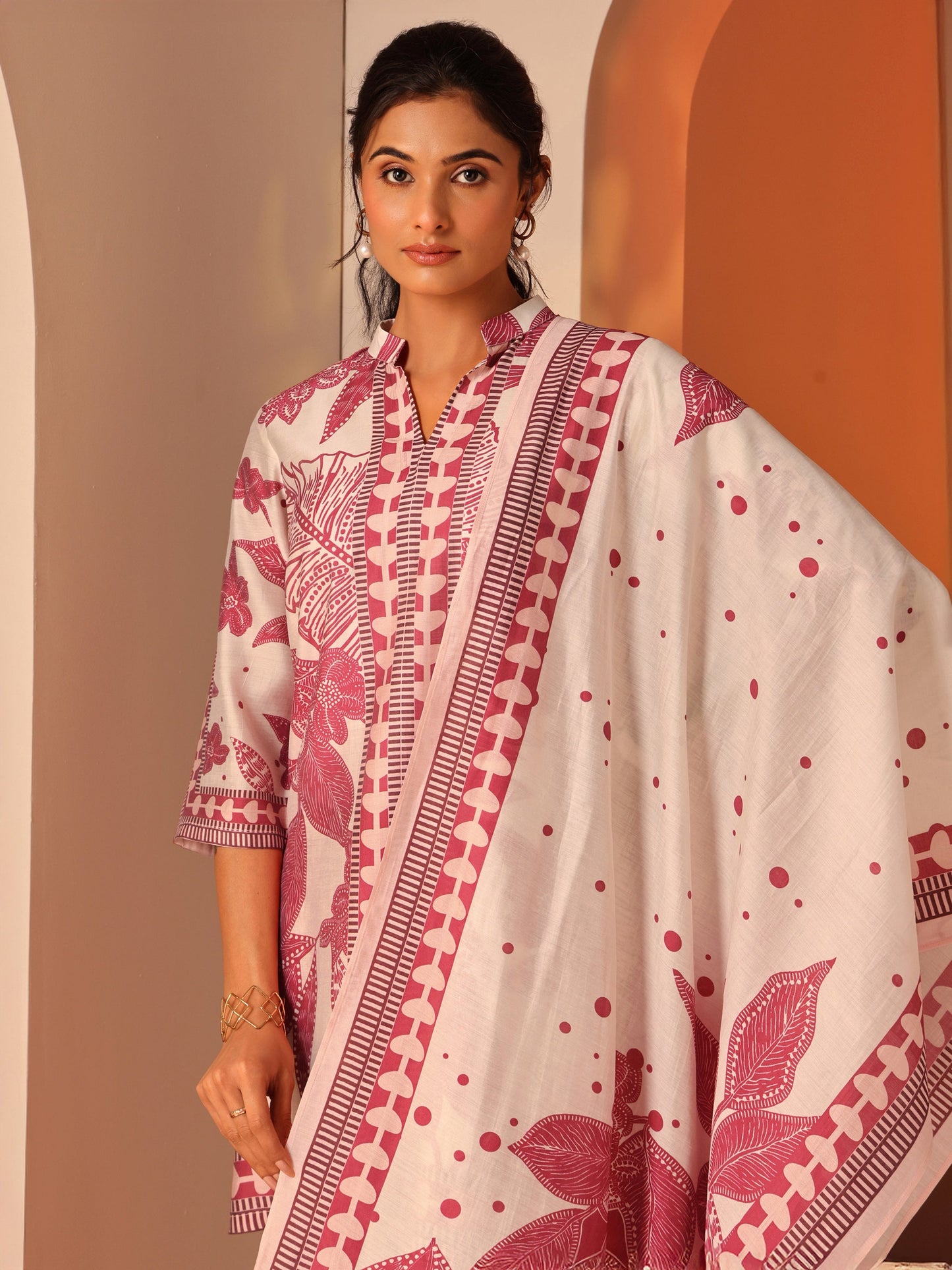 Off White Printed Silk Blend A-Line Suit Set With Dupatta