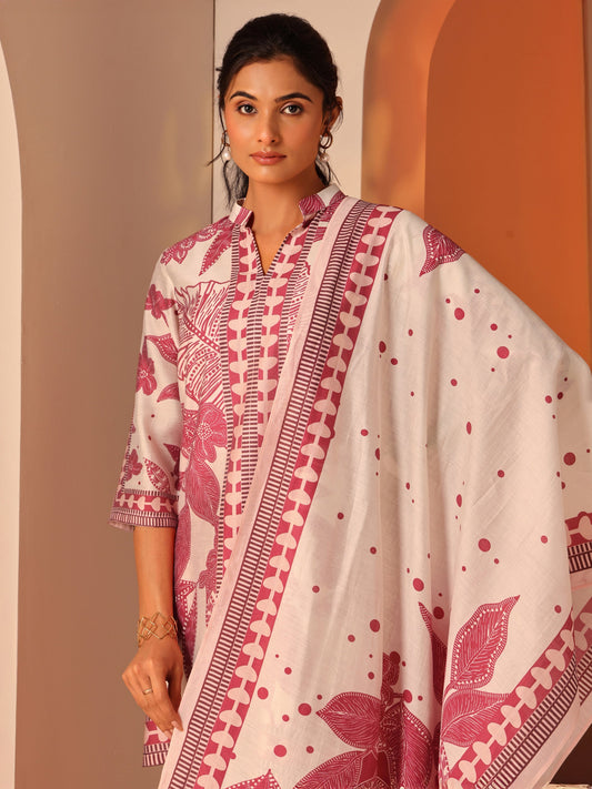 Off White Printed Silk Blend A-Line Suit Set With Dupatta