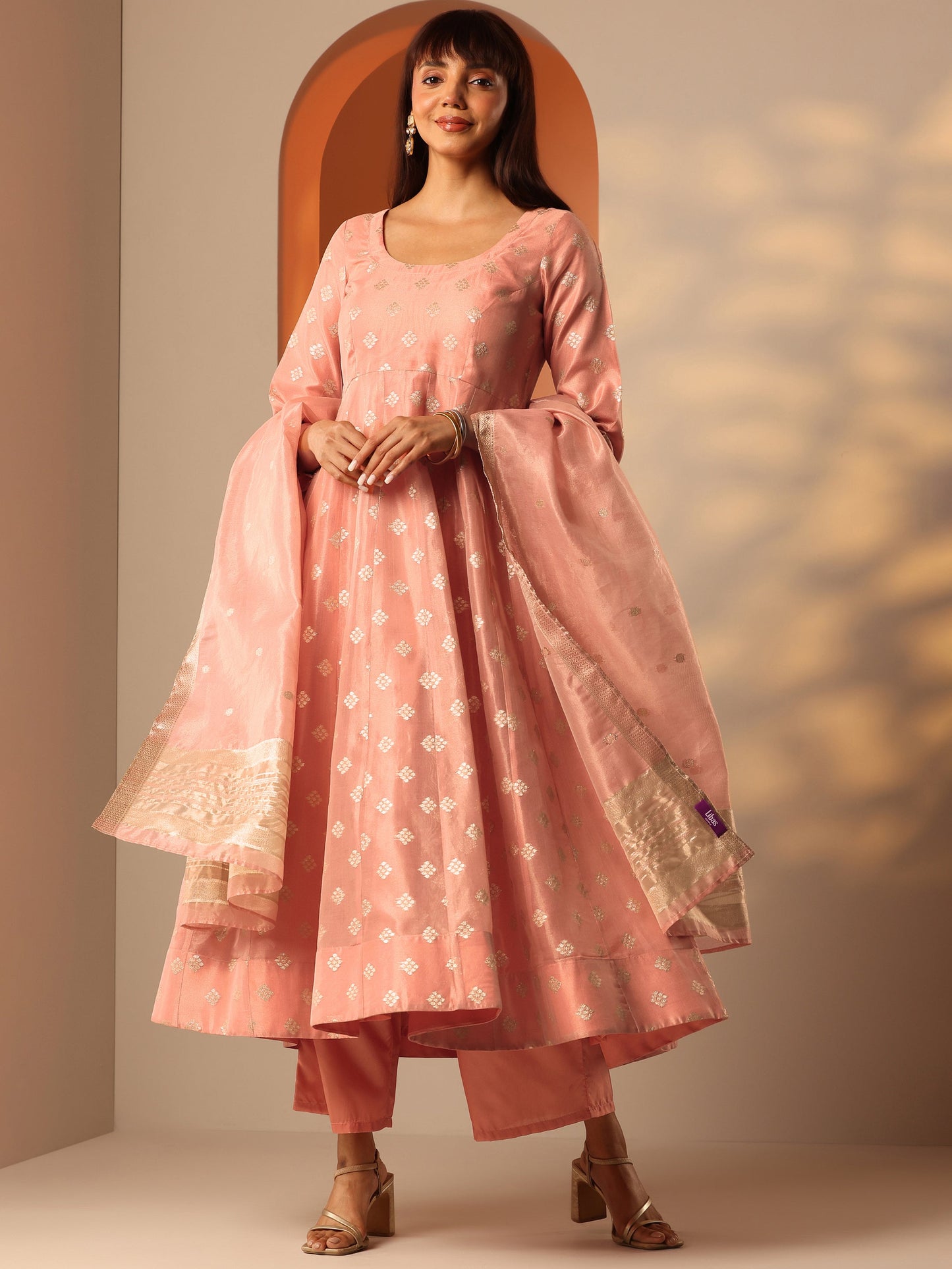 Peach Woven Design Silk Blend Anarkali Suit Set With Dupatta