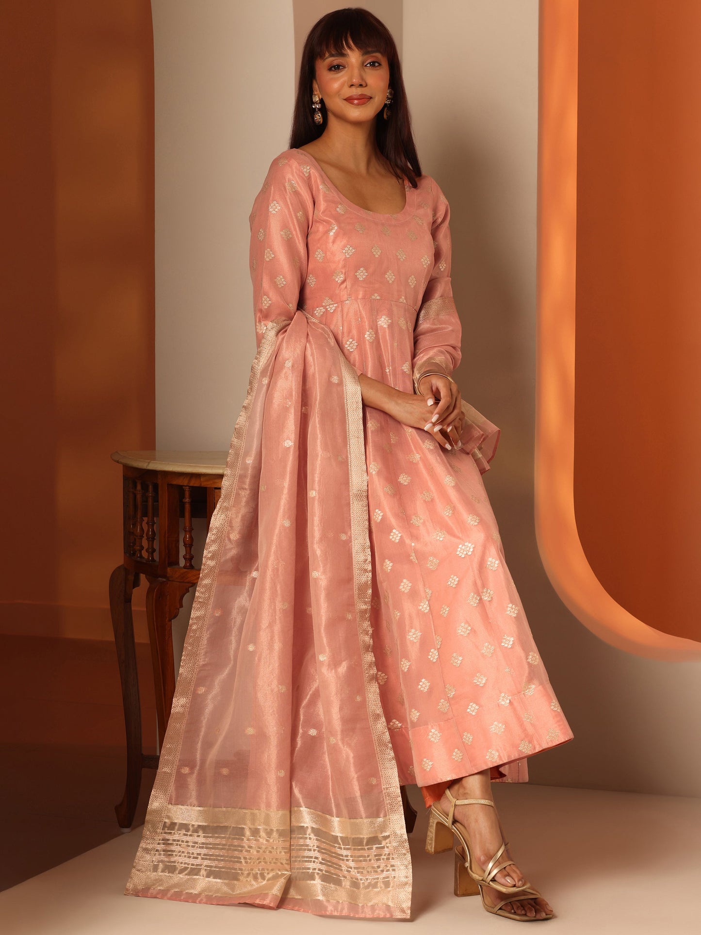 Peach Woven Design Silk Blend Anarkali Suit Set With Dupatta