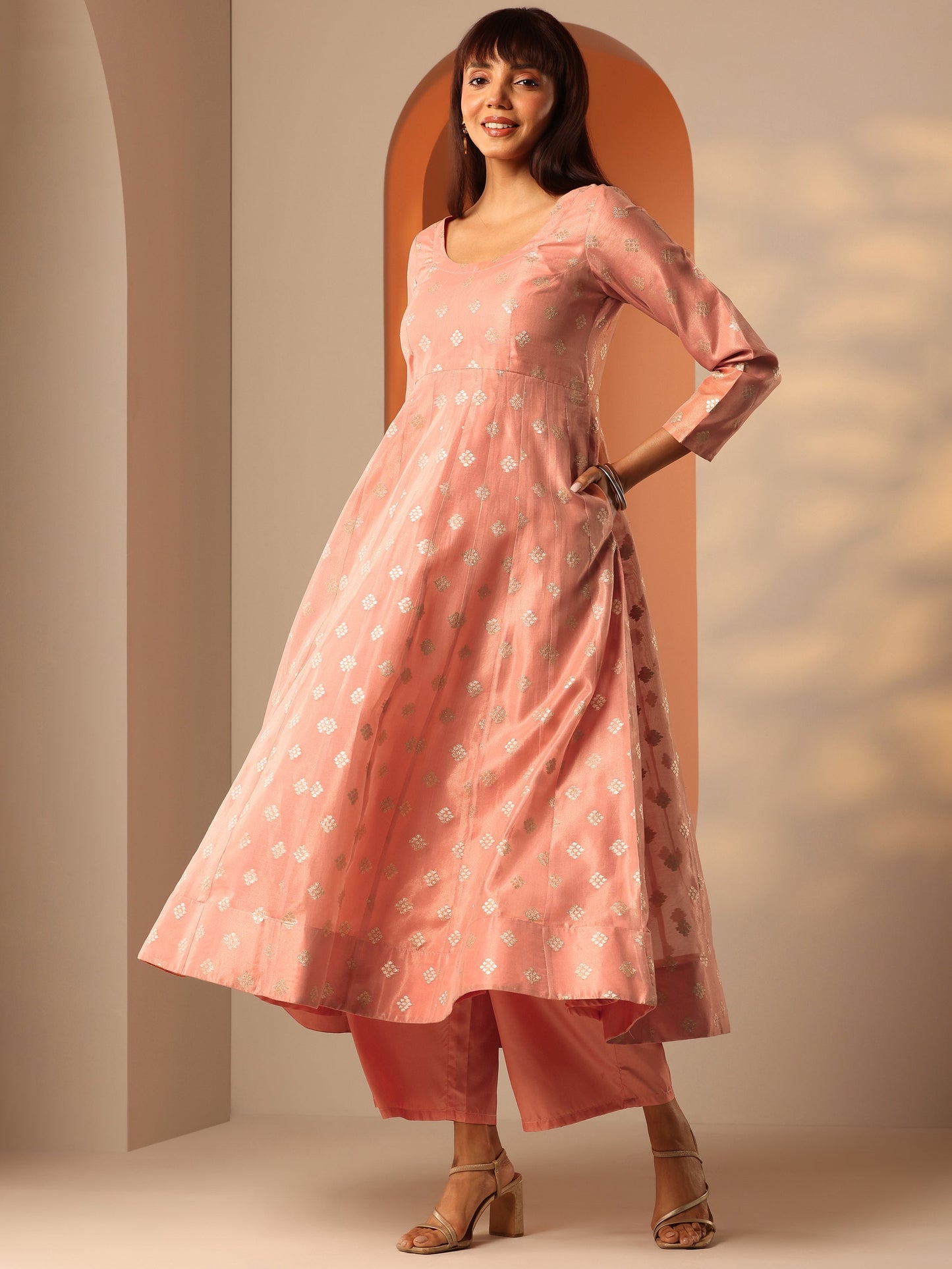 Peach Woven Design Silk Blend Anarkali Suit Set With Dupatta