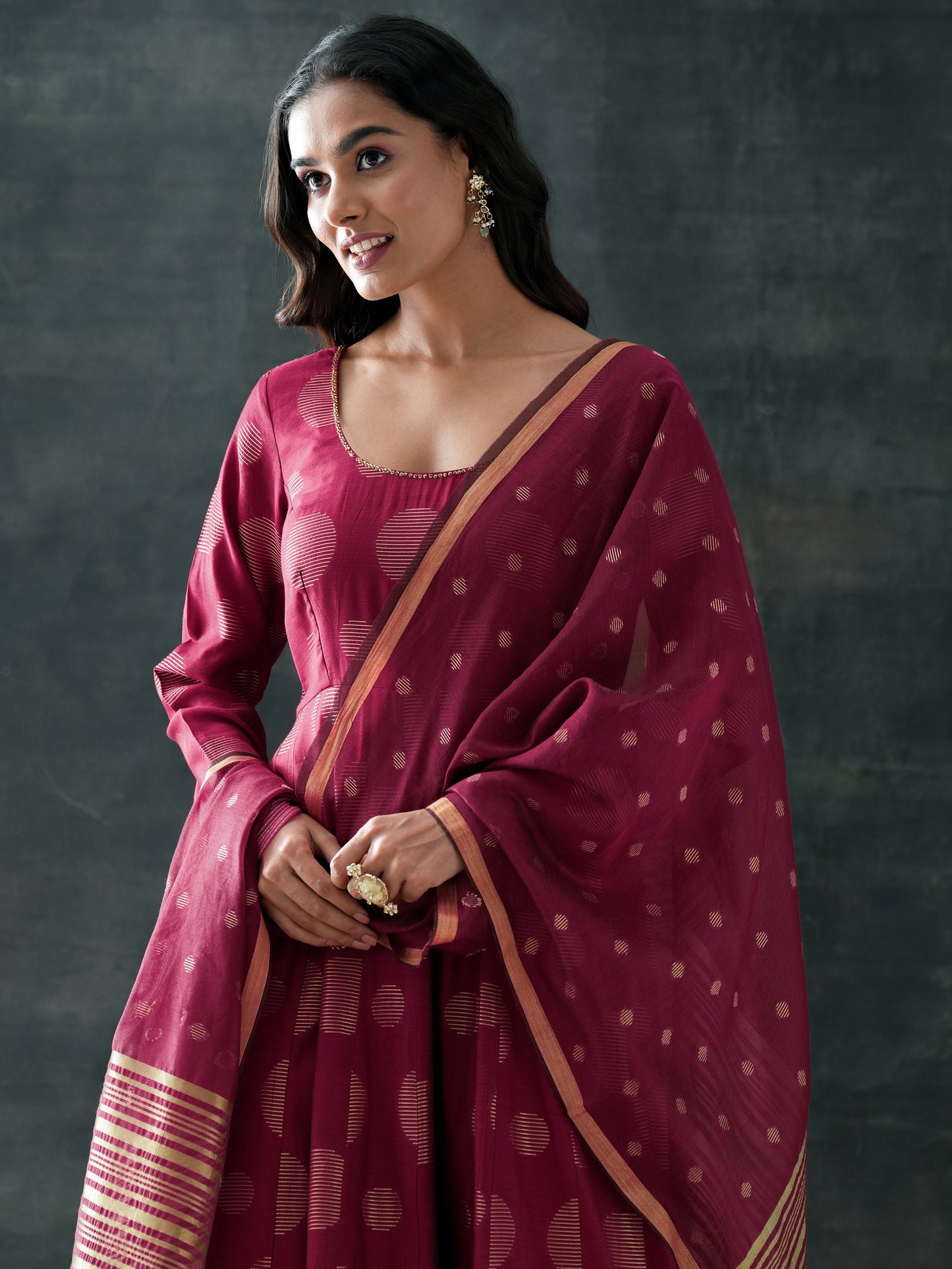 Maroon Woven Design Silk Blend Anarkali Suit Set With Dupatta