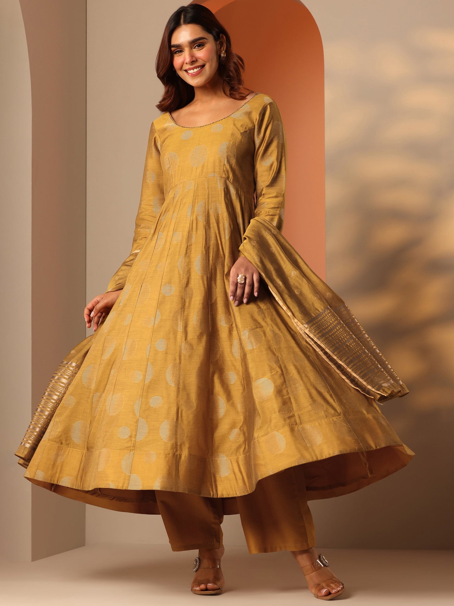 Mustard Woven Design Silk Blend Anarkali Suit Set With Dupatta