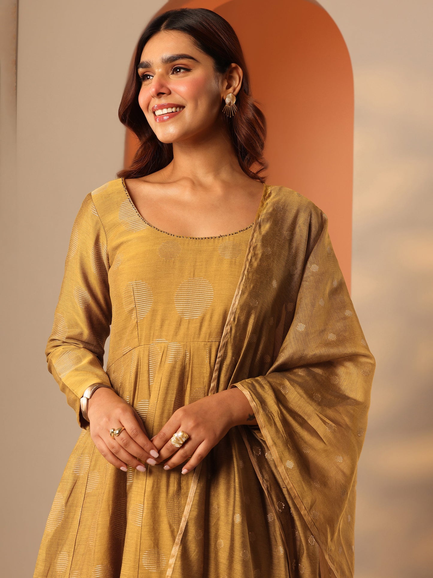 Mustard Woven Design Silk Blend Anarkali Suit Set With Dupatta