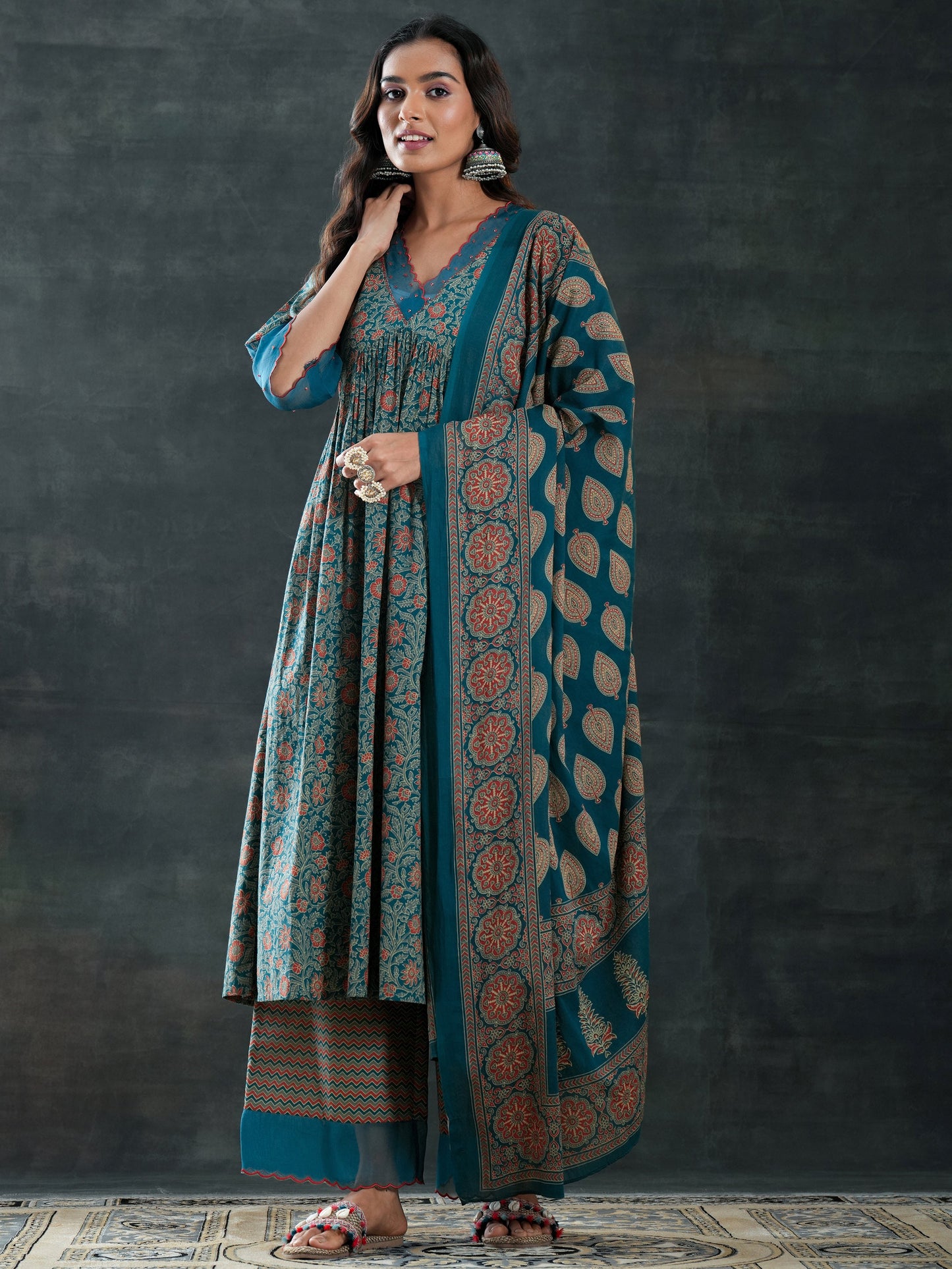 Teal Printed Cotton Anarkali Suit Set With Dupatta