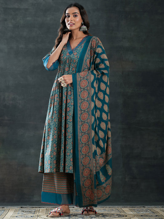 Teal Printed Cotton Anarkali Suit Set With Dupatta
