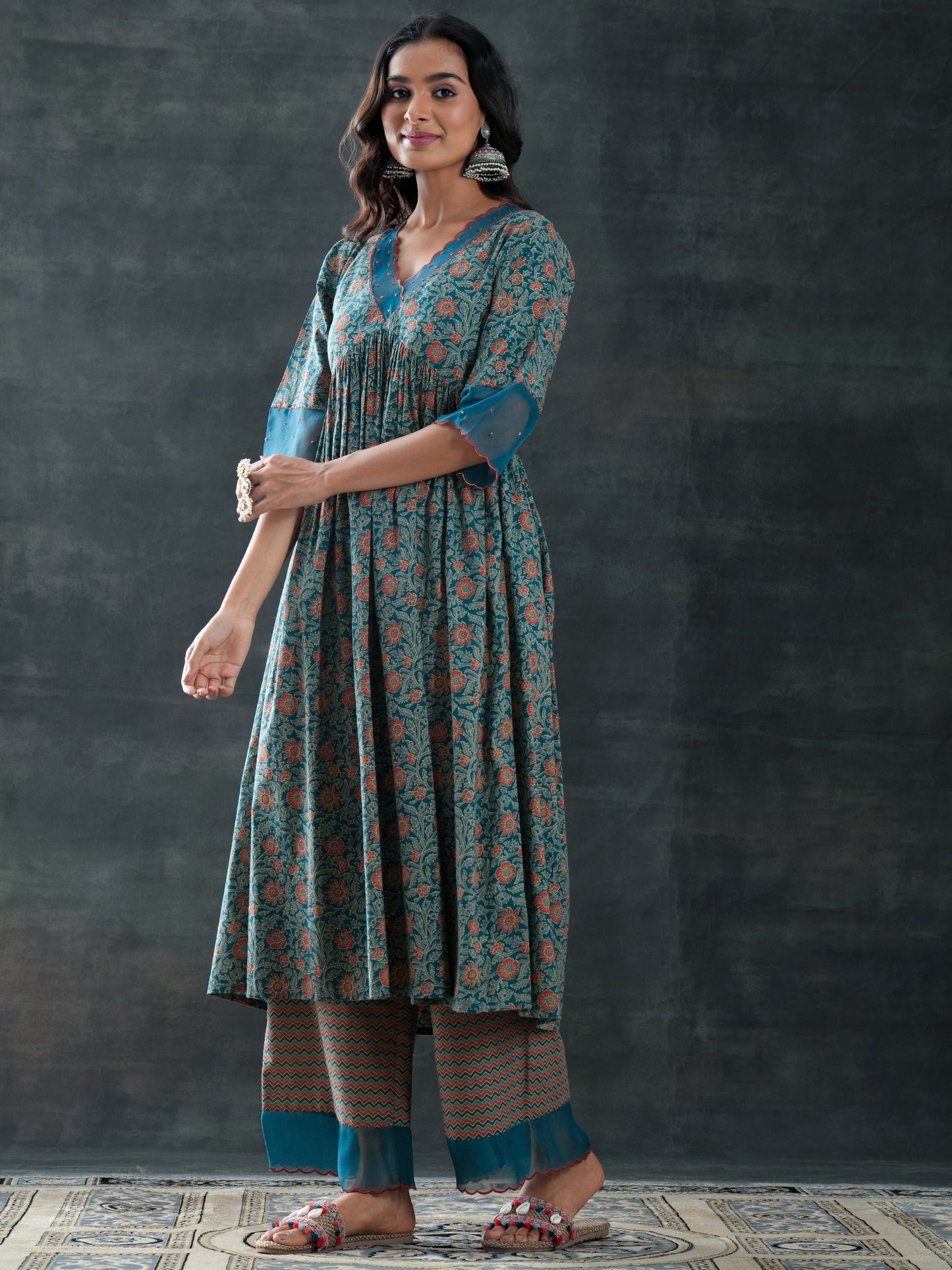 Teal Printed Cotton Anarkali Suit Set With Dupatta