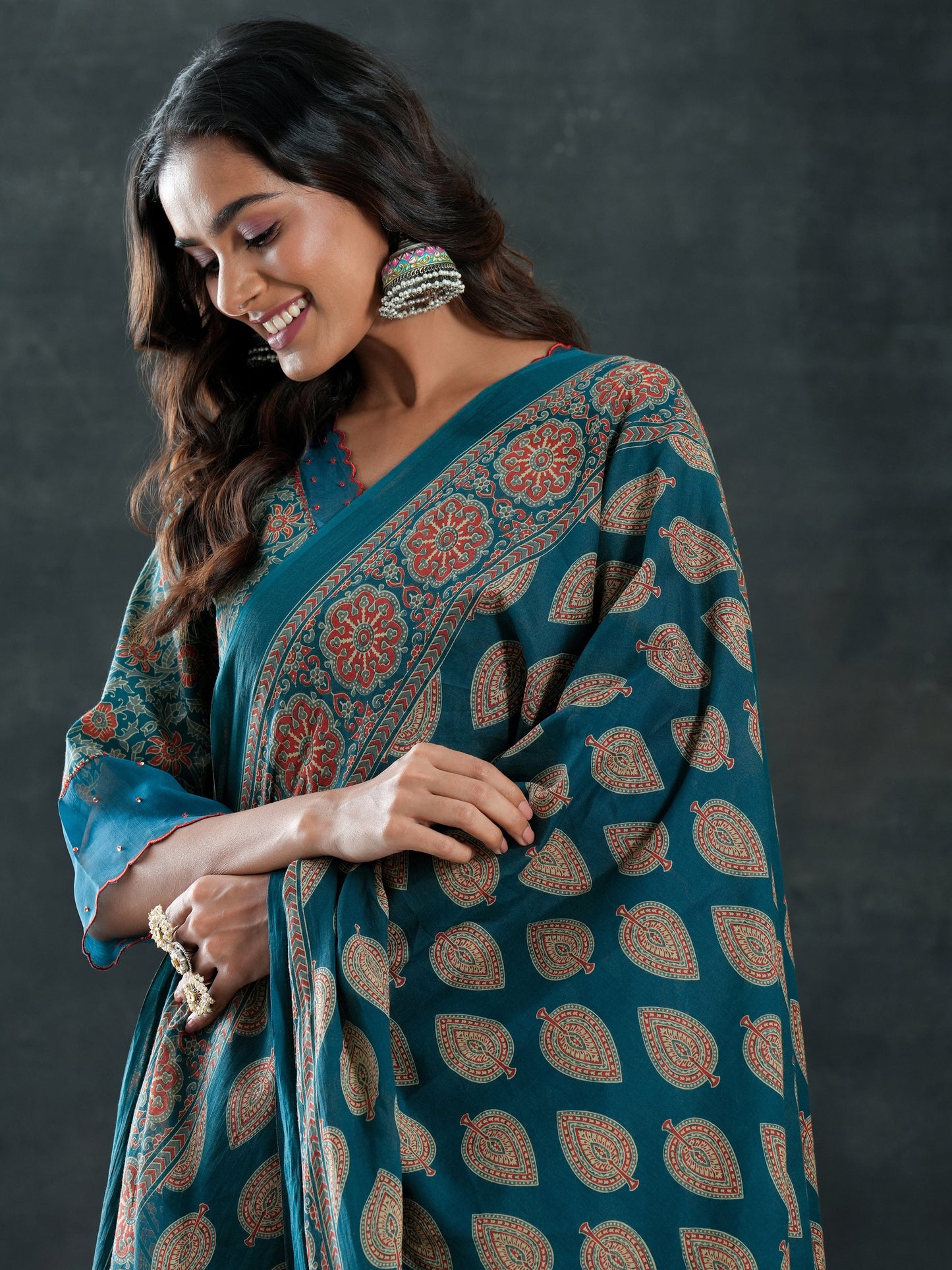 Teal Printed Cotton Anarkali Suit Set With Dupatta