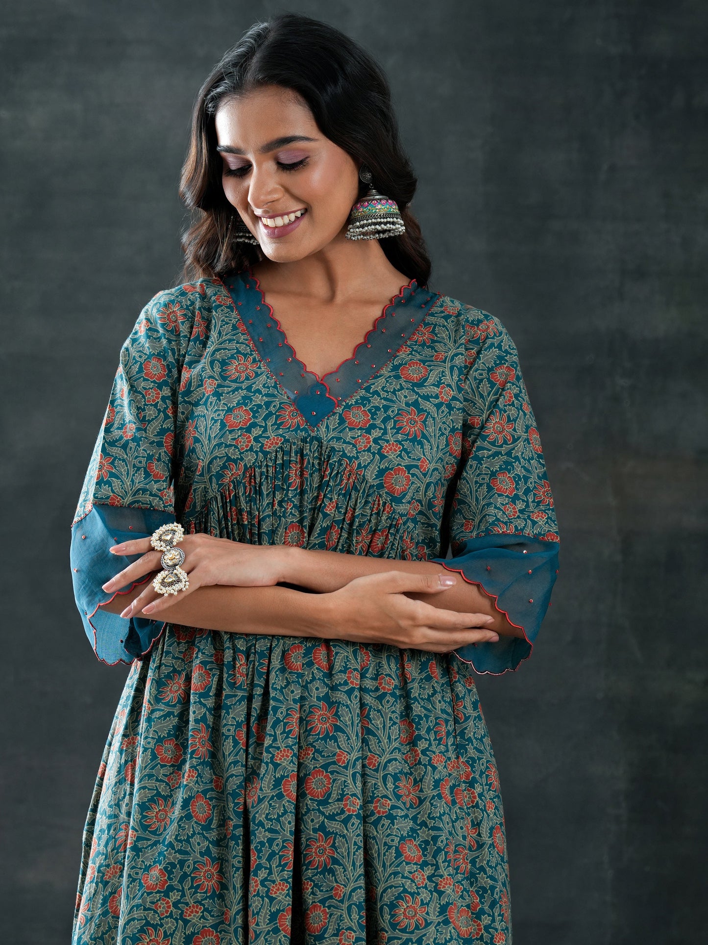 Teal Printed Cotton Anarkali Suit Set With Dupatta