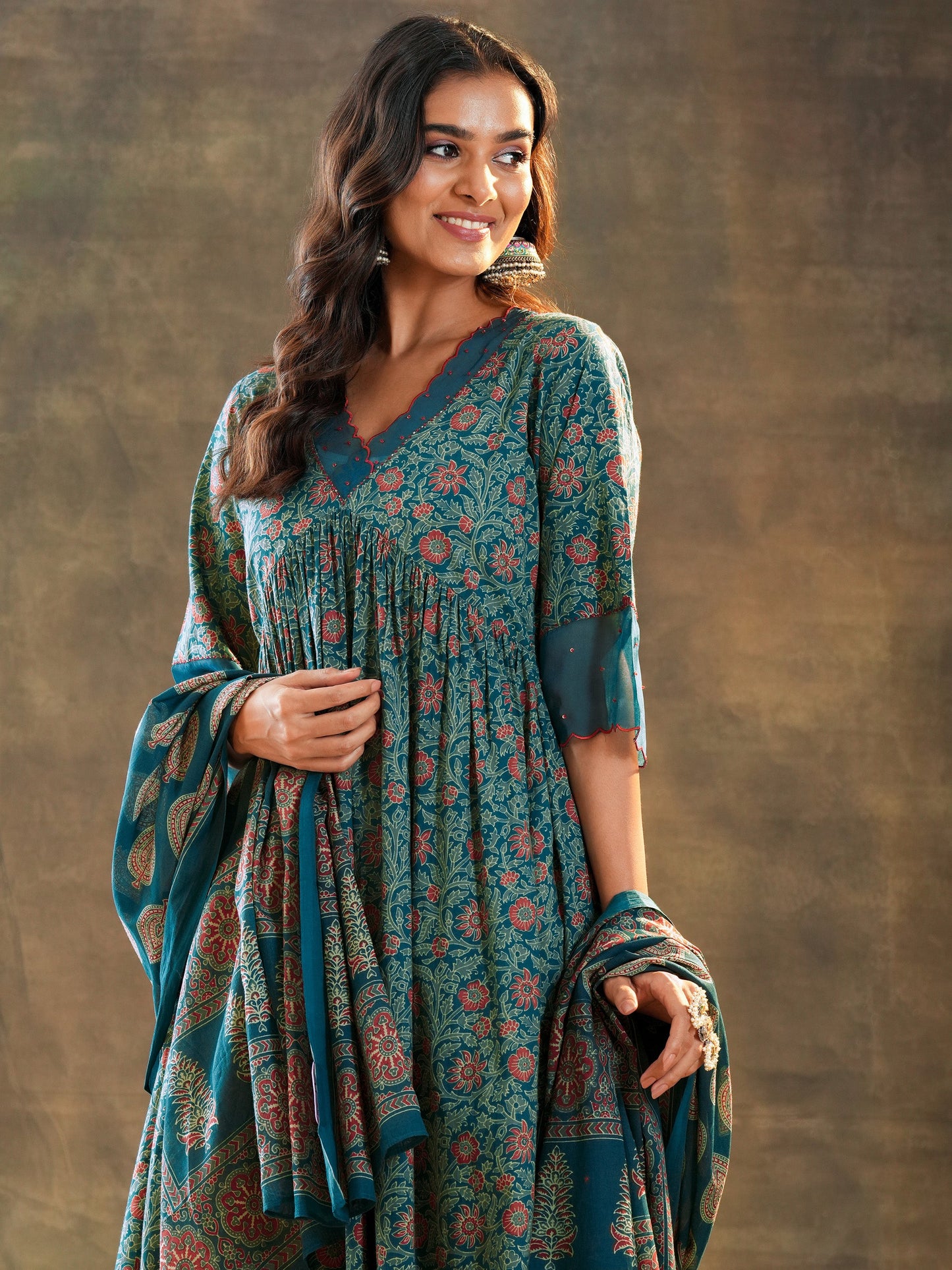Teal Printed Cotton Anarkali Suit Set With Dupatta