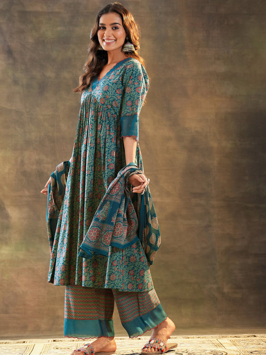 Teal Printed Cotton Anarkali Suit Set With Dupatta