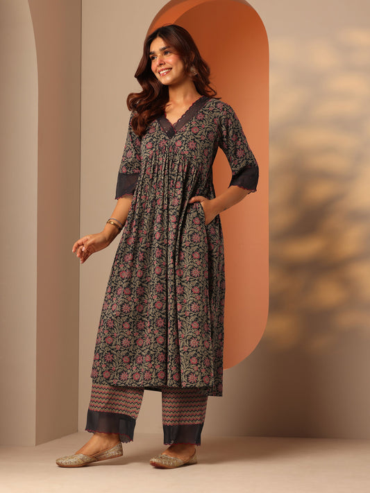 Navy Blue Printed Cotton Anarkali Suit Set With Dupatta