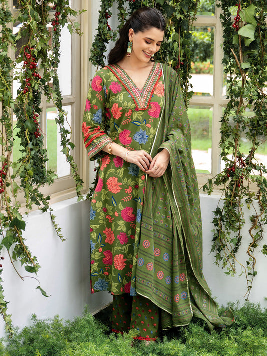 Green Printed Cotton Straight Suit Set With Dupatta
