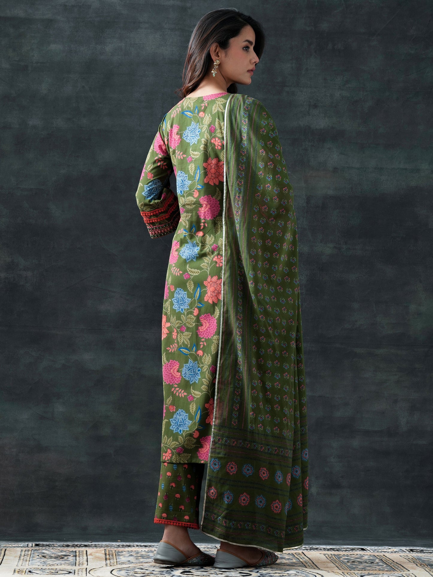 Green Printed Cotton Straight Suit Set With Dupatta