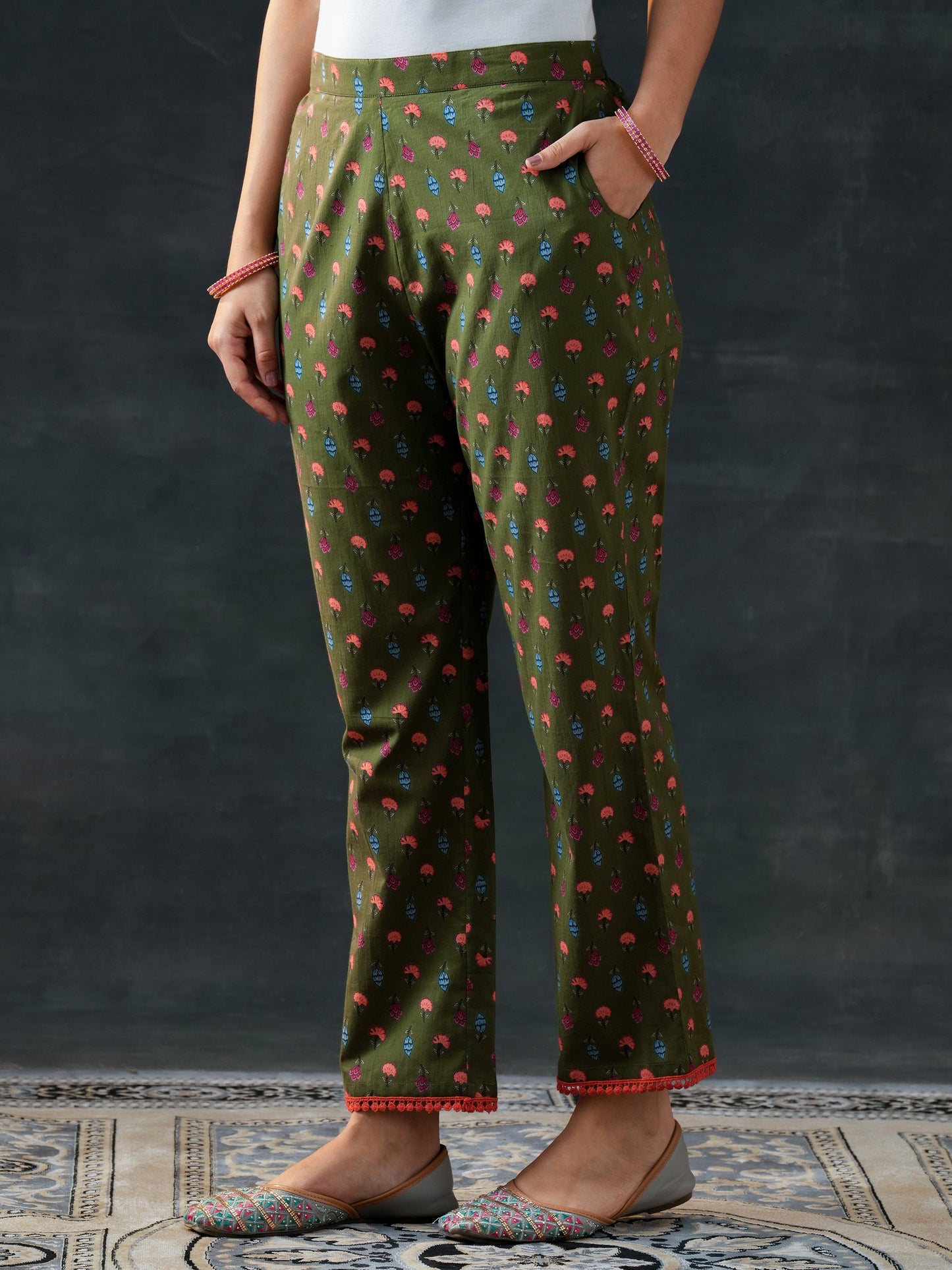 Green Printed Cotton Straight Suit Set With Dupatta