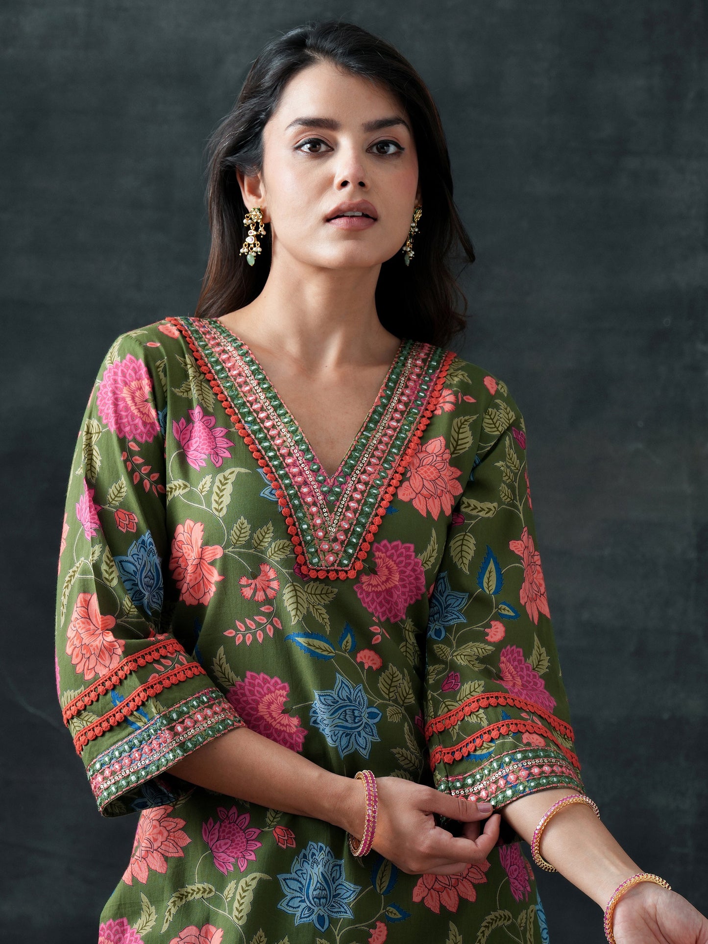 Green Printed Cotton Straight Suit Set With Dupatta