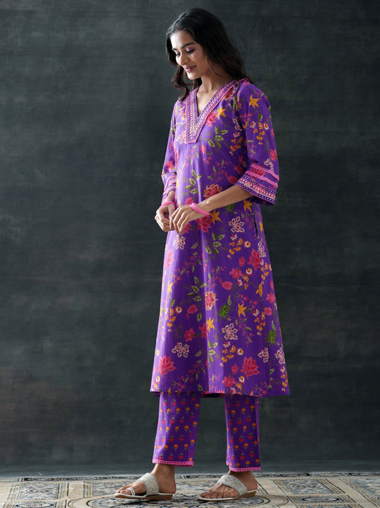 Purple Printed Cotton Straight Suit Set With Dupatta