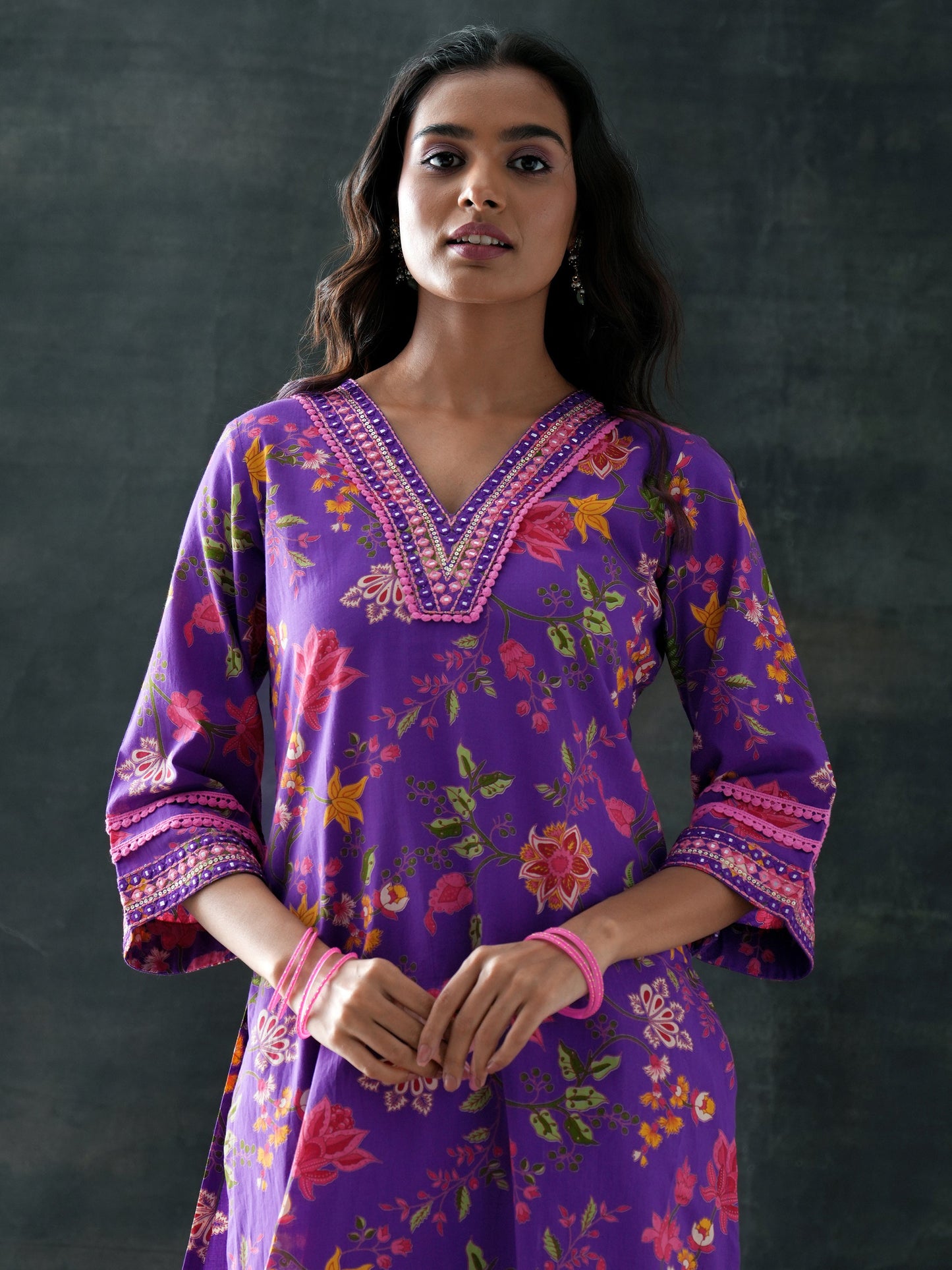 Purple Printed Cotton Straight Suit Set With Dupatta
