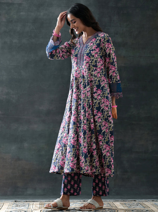 Blue Printed Cotton Anarkali Suit Set With Dupatta