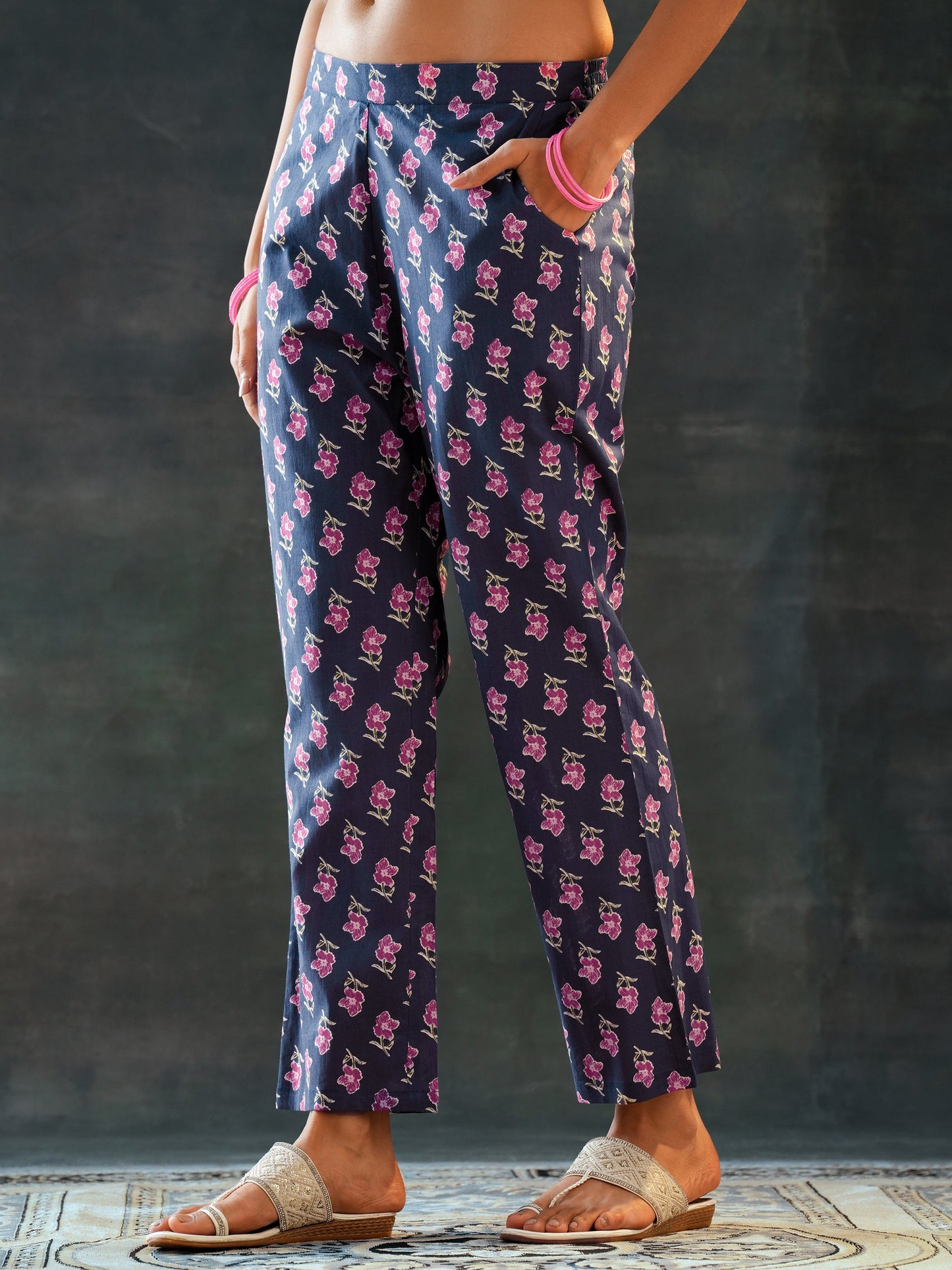 Blue Printed Cotton Anarkali Suit Set With Dupatta