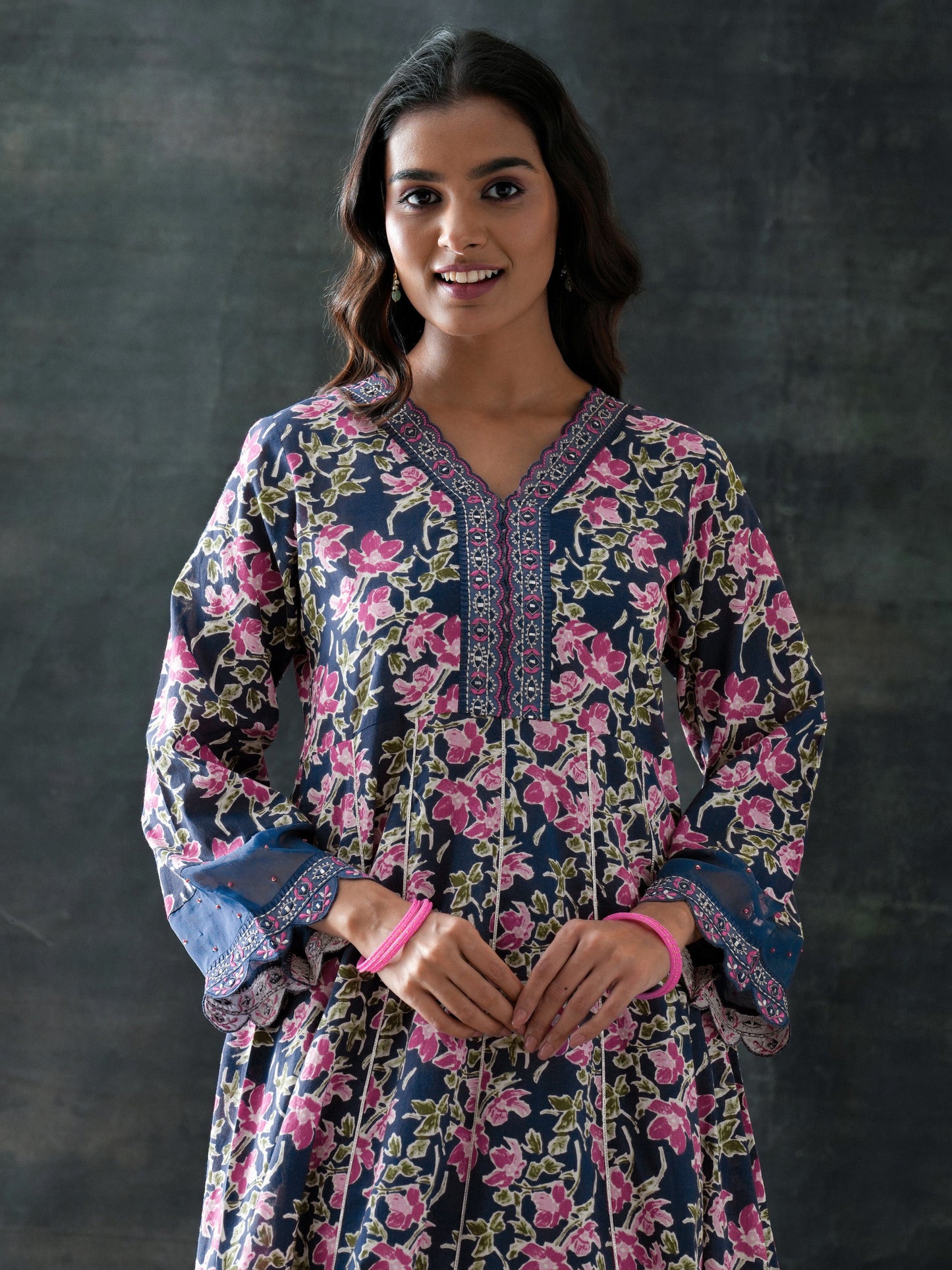 Blue Printed Cotton Anarkali Suit Set With Dupatta