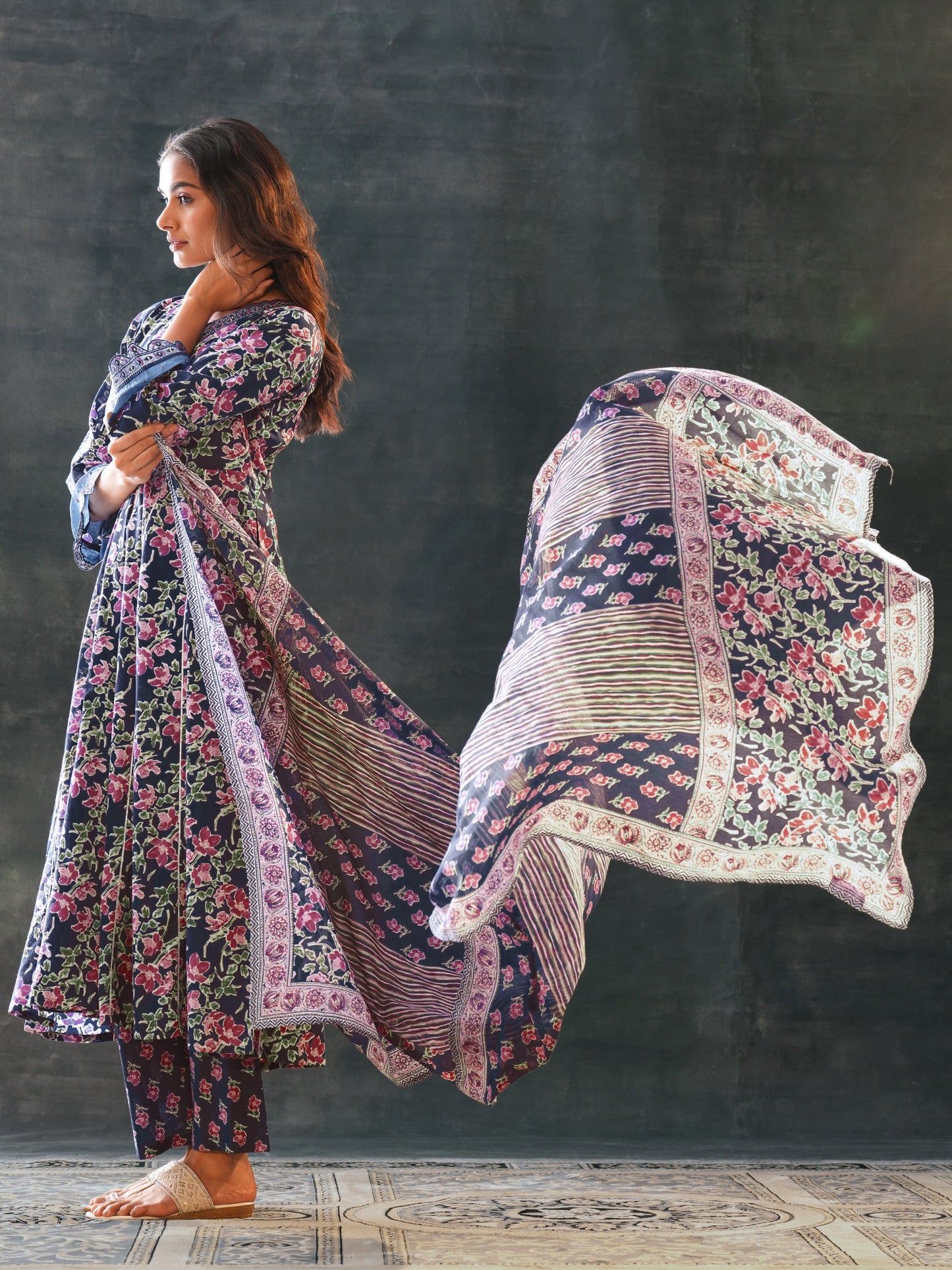 Blue Printed Cotton Anarkali Suit Set With Dupatta