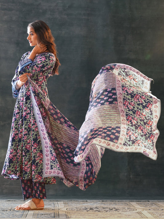 Blue Printed Cotton Anarkali Suit Set With Dupatta