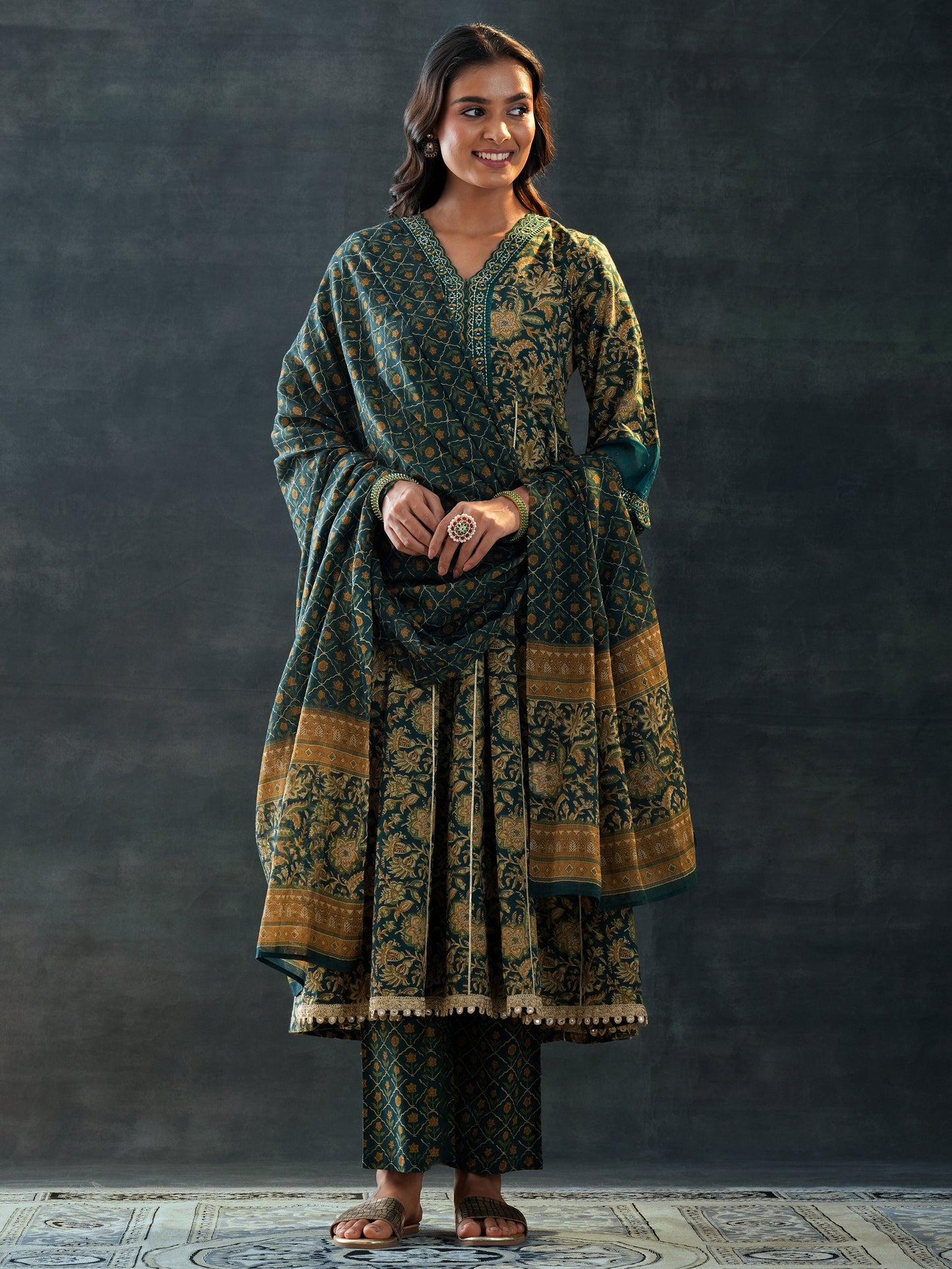 Green Printed Cotton Anarkali Suit Set With Dupatta