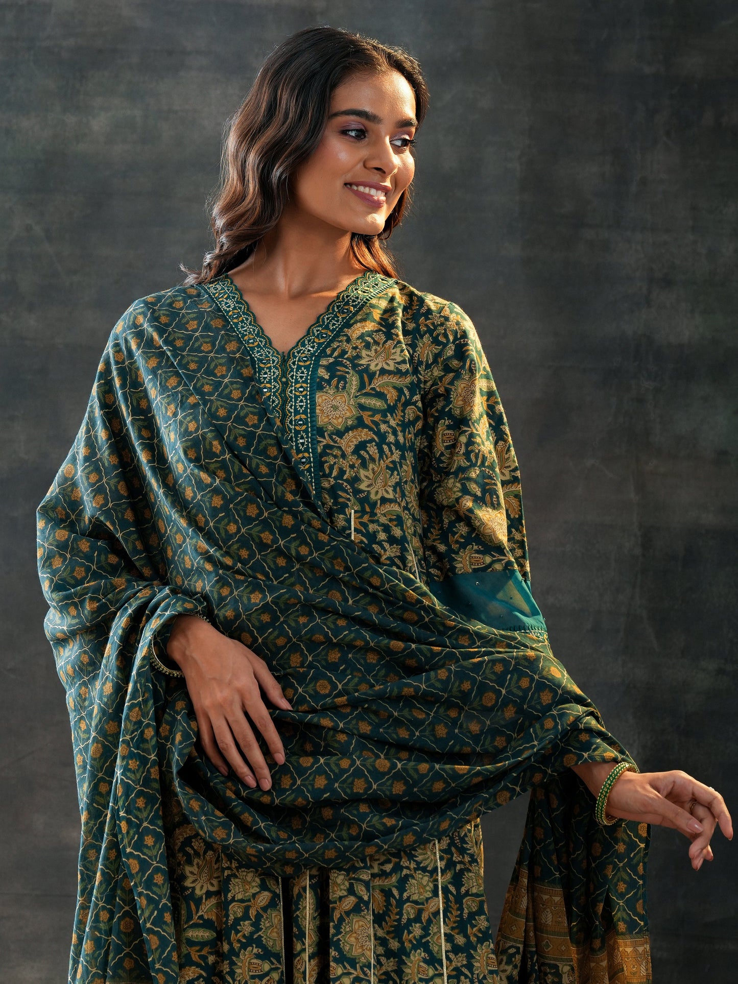 Green Printed Cotton Anarkali Suit Set With Dupatta