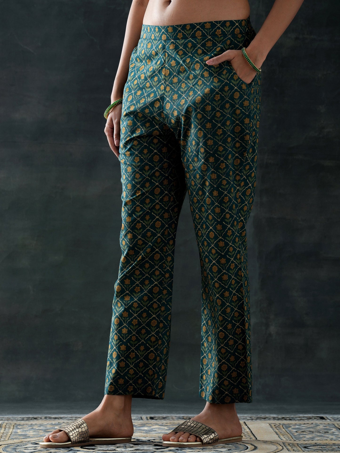 Green Printed Cotton Anarkali Suit Set With Dupatta