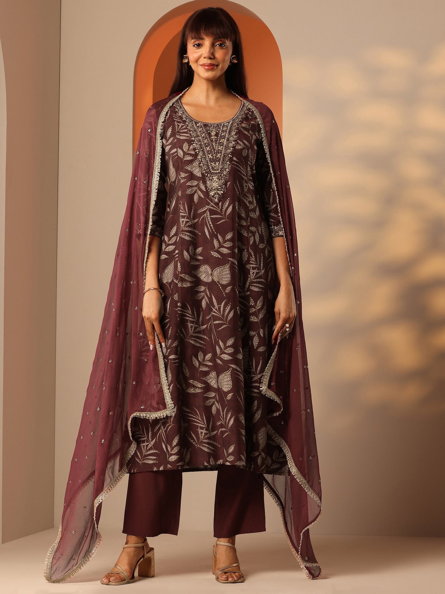 Maroon Printed Silk Blend A-Line Suit Set With Dupatta