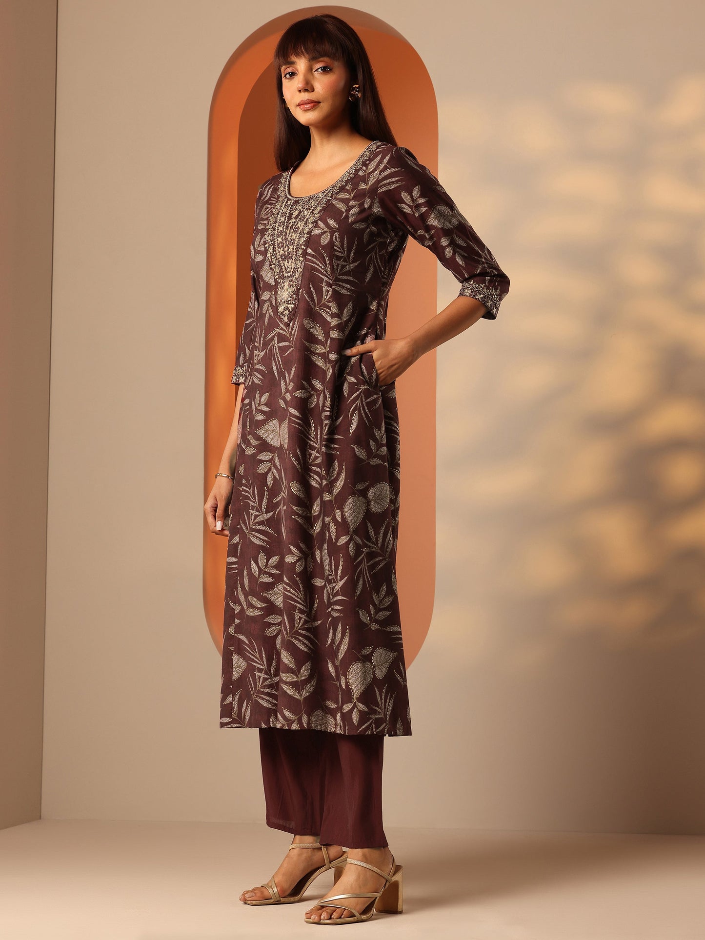 Maroon Printed Silk Blend A-Line Suit Set With Dupatta