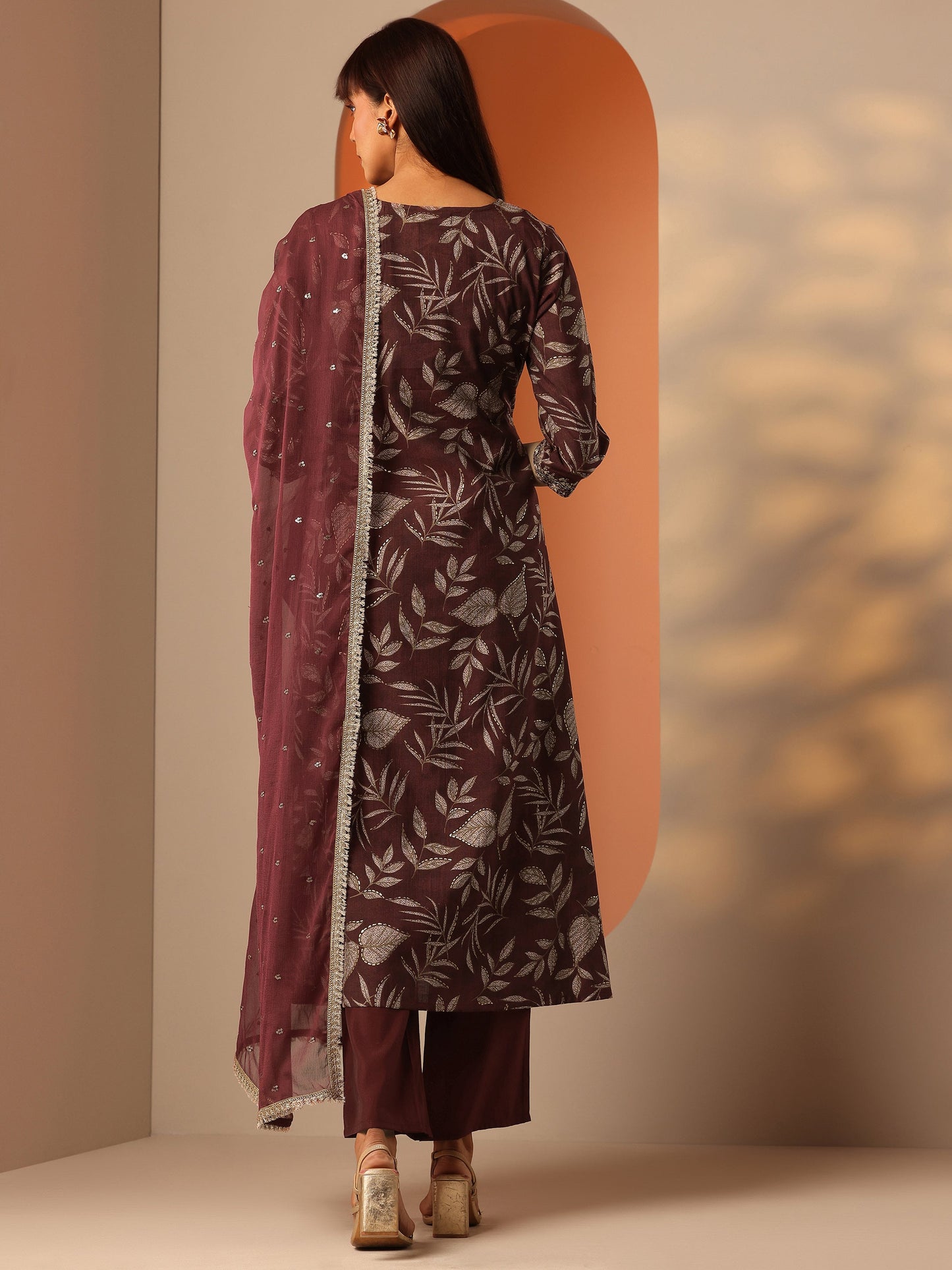 Maroon Printed Silk Blend A-Line Suit Set With Dupatta