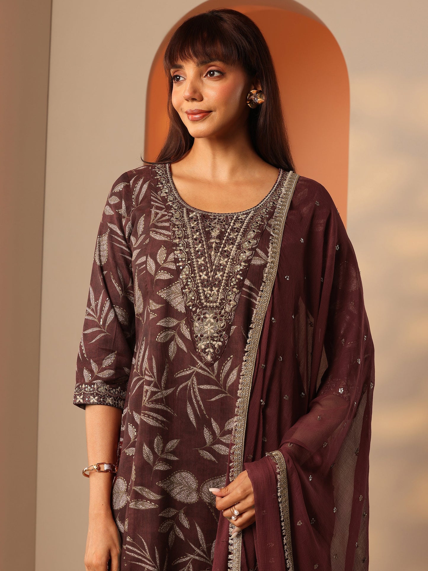 Maroon Printed Silk Blend A-Line Suit Set With Dupatta
