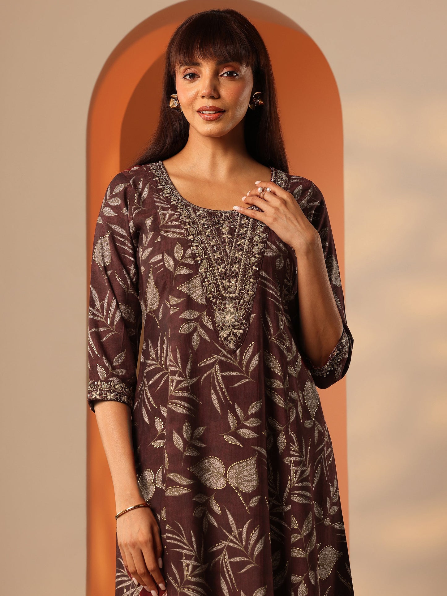 Maroon Printed Silk Blend A-Line Suit Set With Dupatta