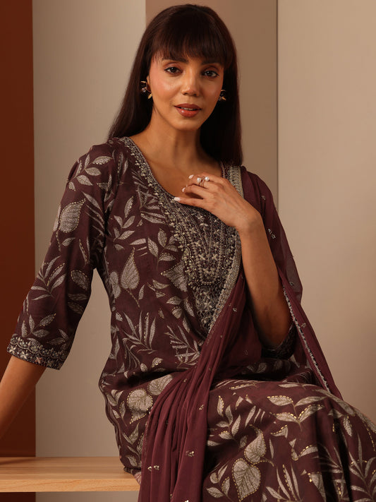 Maroon Printed Silk Blend A-Line Suit Set With Dupatta