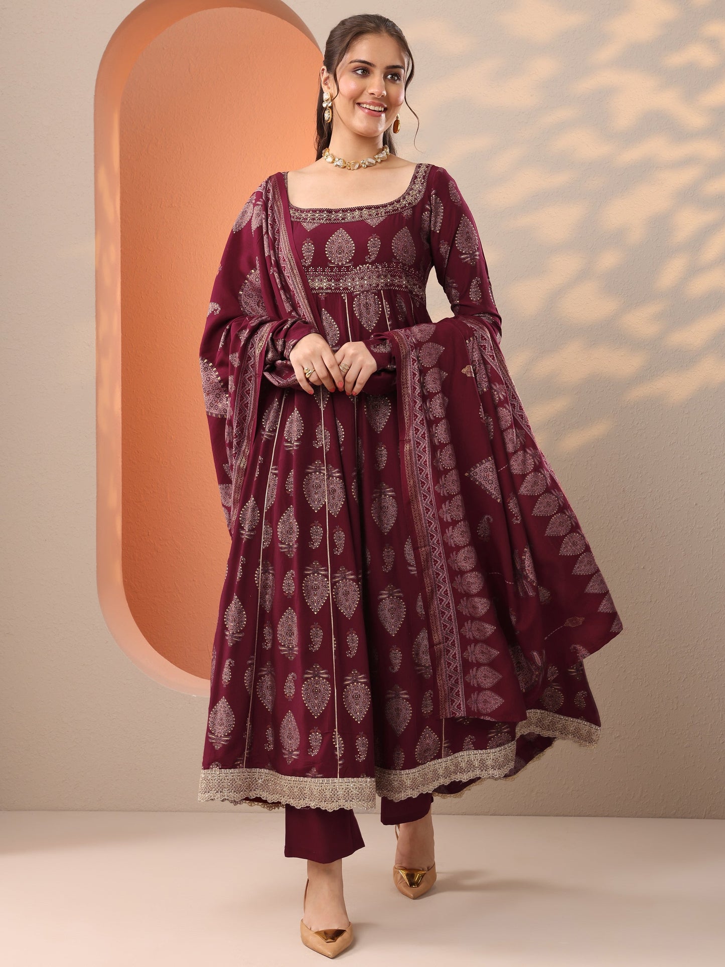 Maroon Printed Silk Blend Anarkali Suit Set With Dupatta