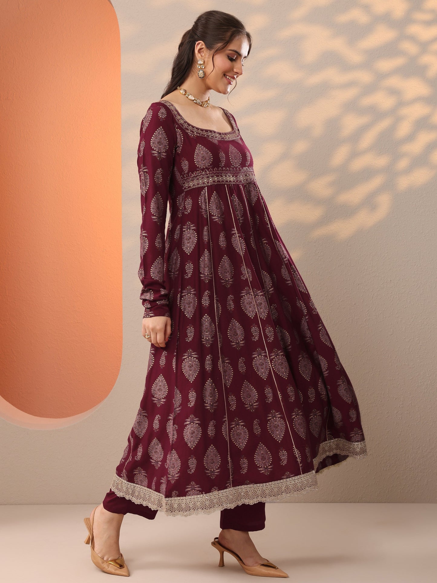 Maroon Printed Silk Blend Anarkali Suit Set With Dupatta