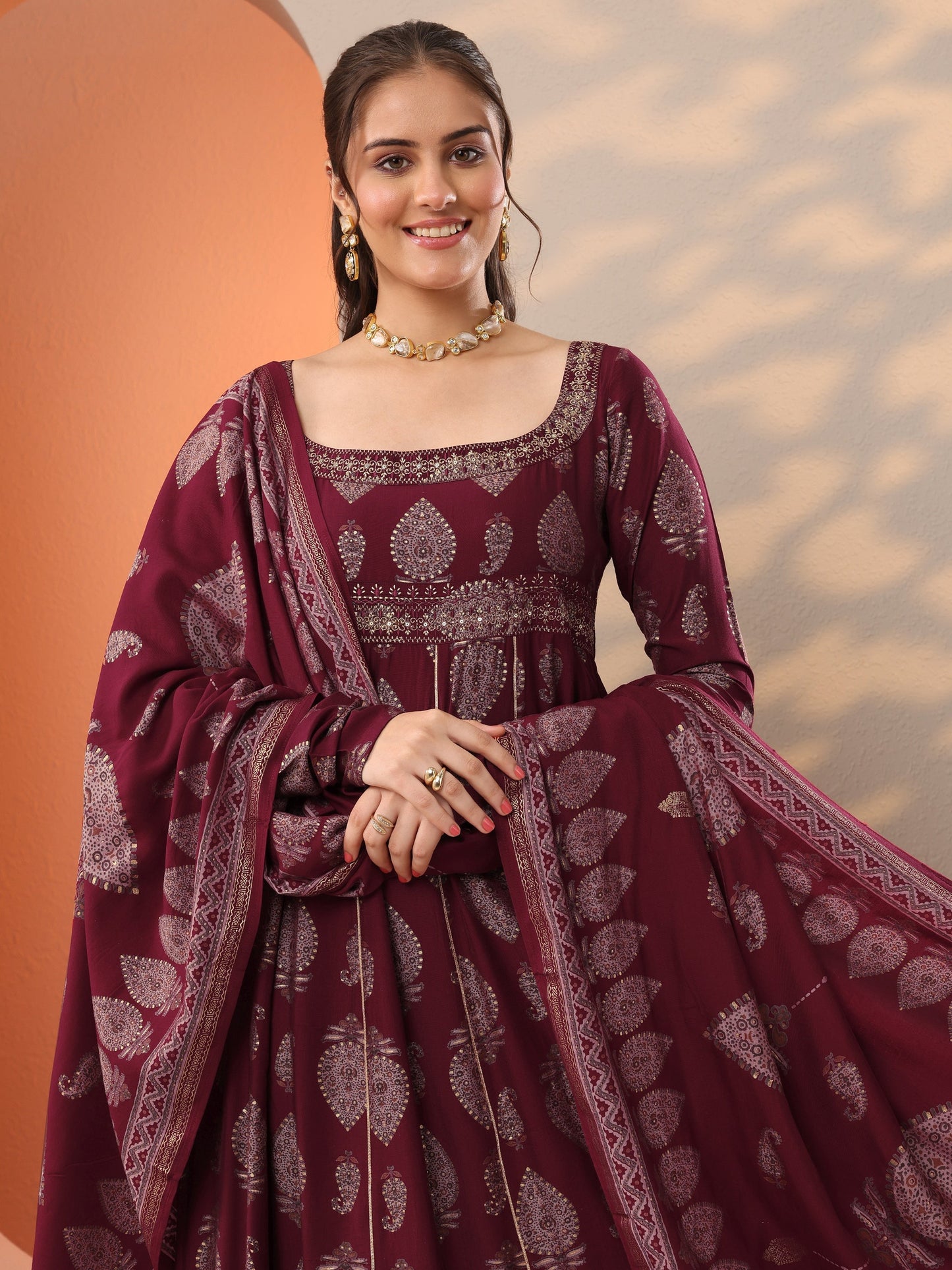 Maroon Printed Silk Blend Anarkali Suit Set With Dupatta