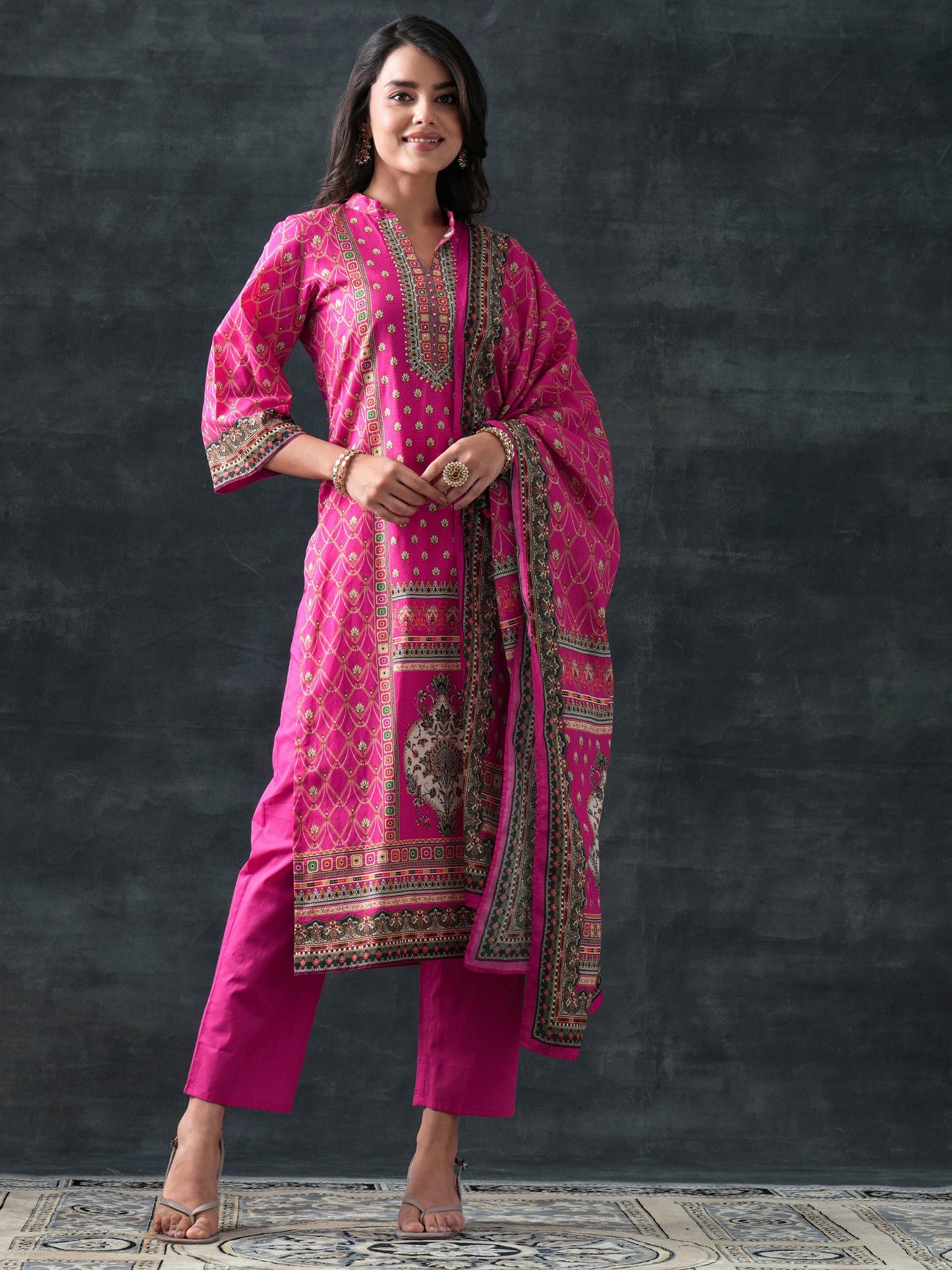 Pink Printed Cotton Straight Suit Set With Dupatta